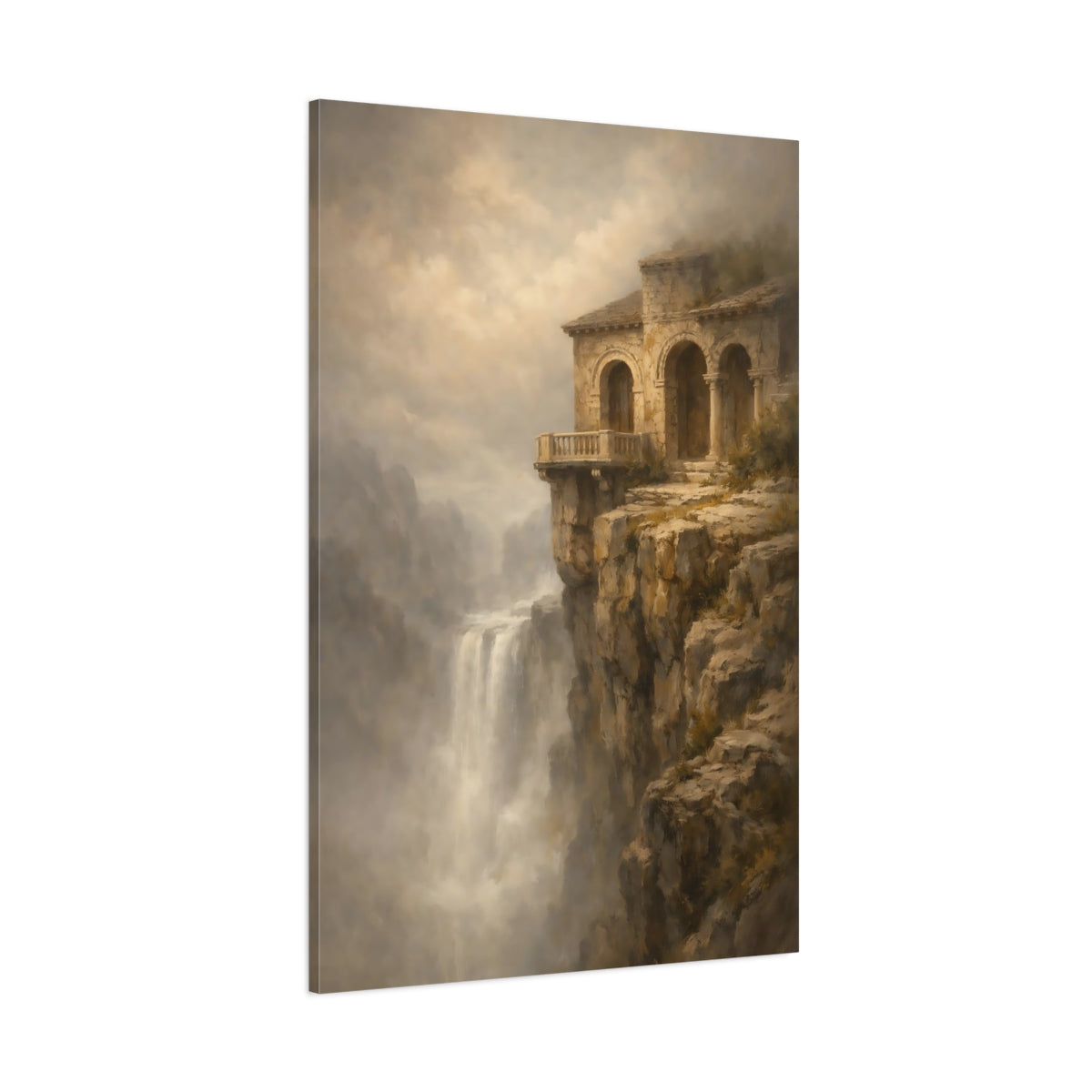 Main Mockup. Nature Cliffside Building Earthy Tones Landscape shown as stretched canvas wall art