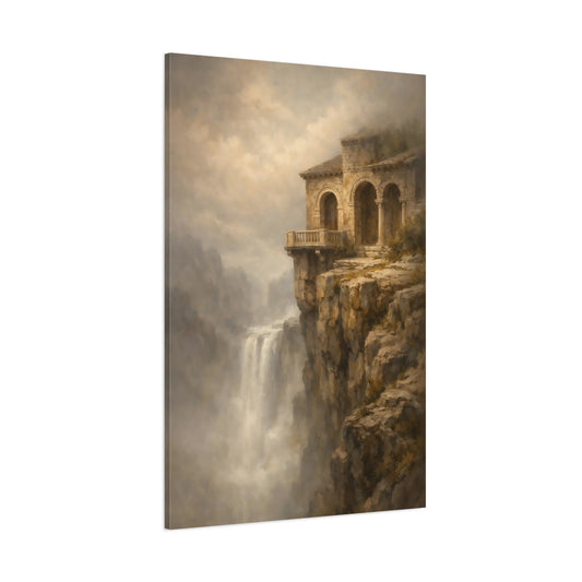 Main Mockup. Nature Cliffside Building Earthy Tones Landscape shown as stretched canvas wall art