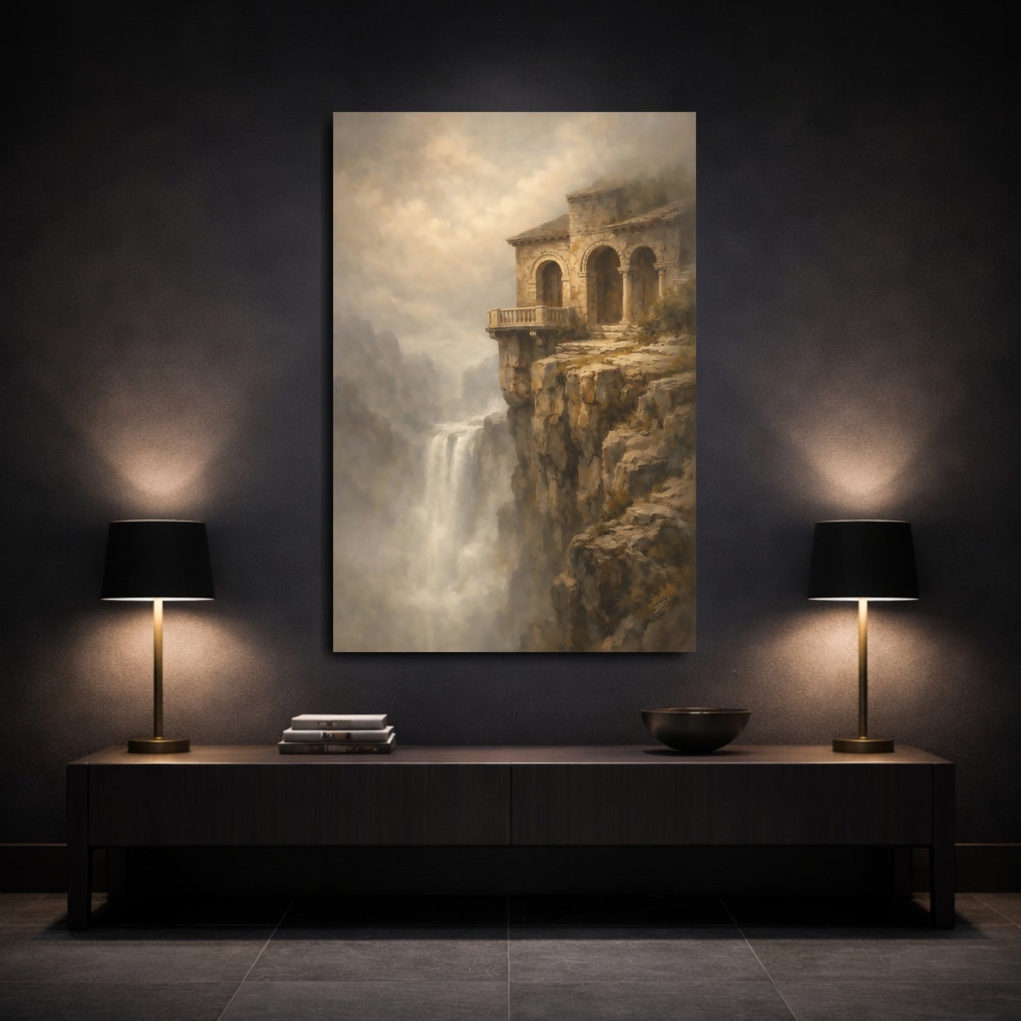 Mockup 2. Nature Cliffside Building Earthy Tones Landscape shown as stretched canvas wall art