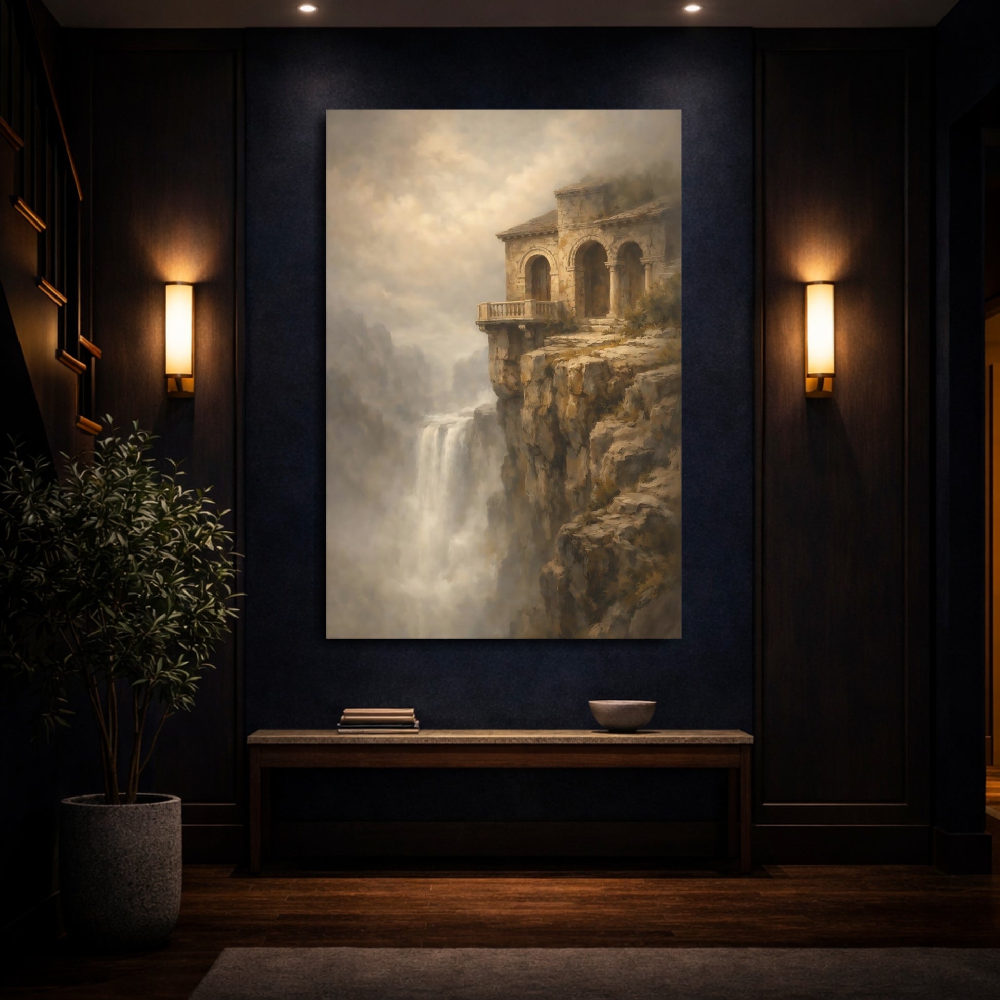 Mockup 3. Nature Cliffside Building Earthy Tones Landscape shown as stretched canvas wall art