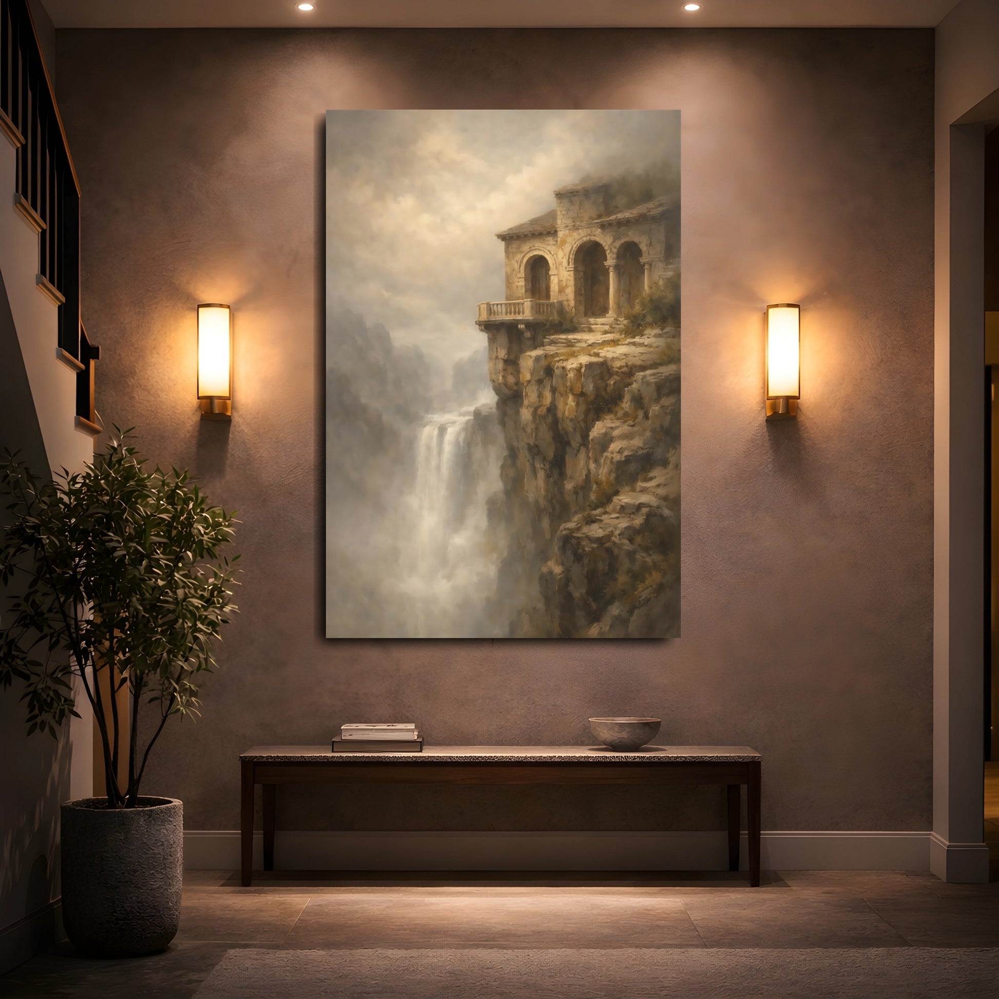 Mockup 4. Nature Cliffside Building Earthy Tones Landscape shown as stretched canvas wall art