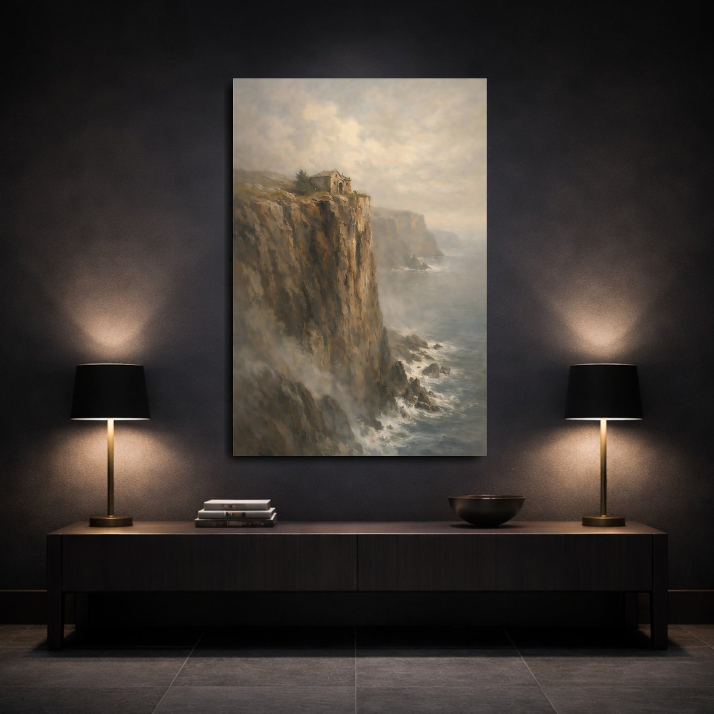 Mockup 2. Nature Cliffside Building Misty Ocean Cliff shown as stretched canvas wall art