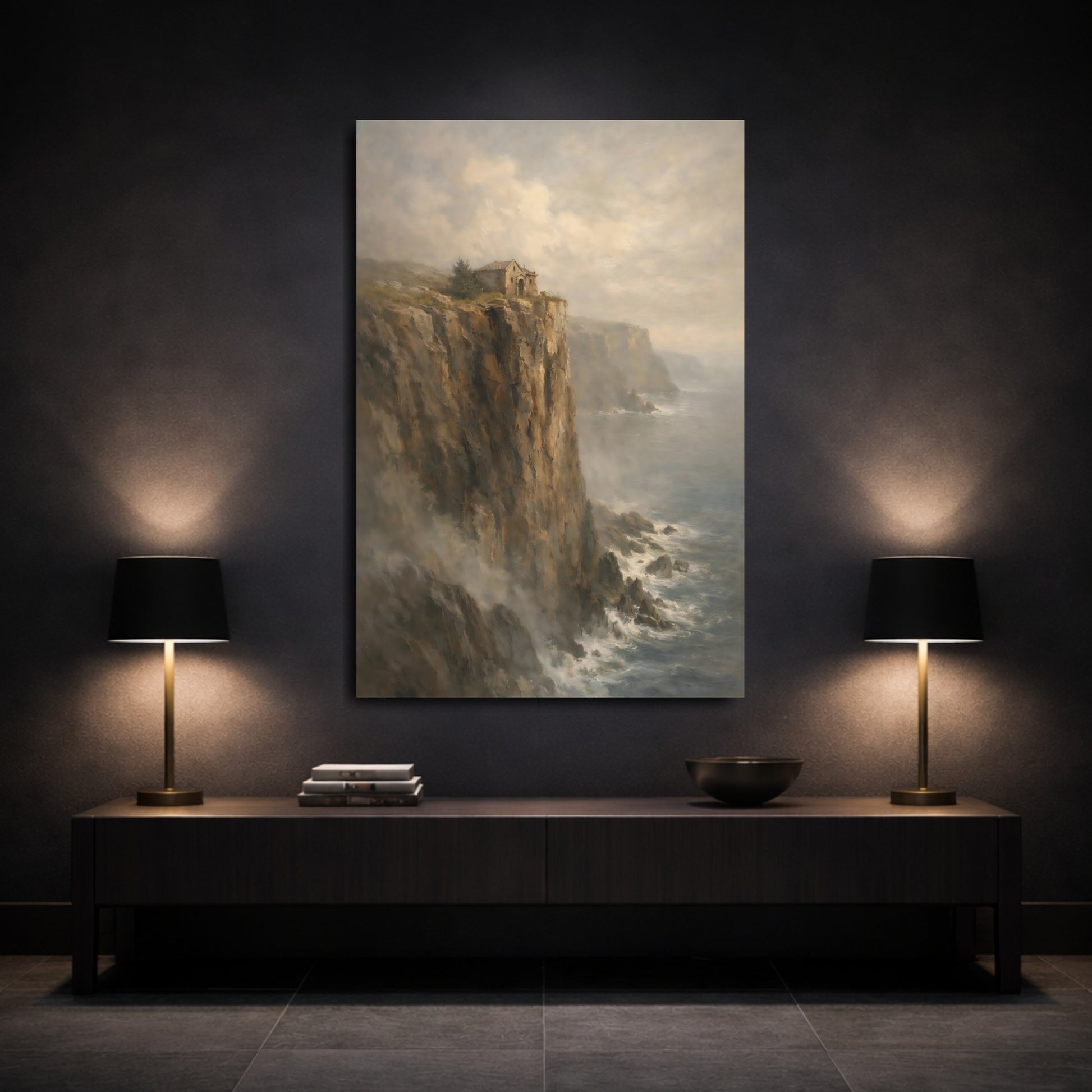 Mockup 2. Nature Cliffside Building Misty Ocean Cliff shown as stretched canvas wall art