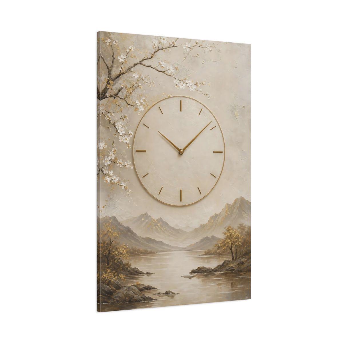 Side Mockup 1. Nature Clock Beige Gold Clock shown as stretched canvas wall art