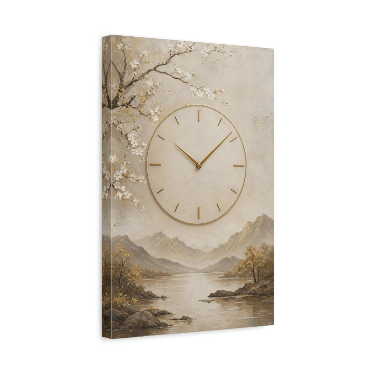 Side Mockup 4. Nature Clock Beige Gold Clock shown as stretched canvas wall art
