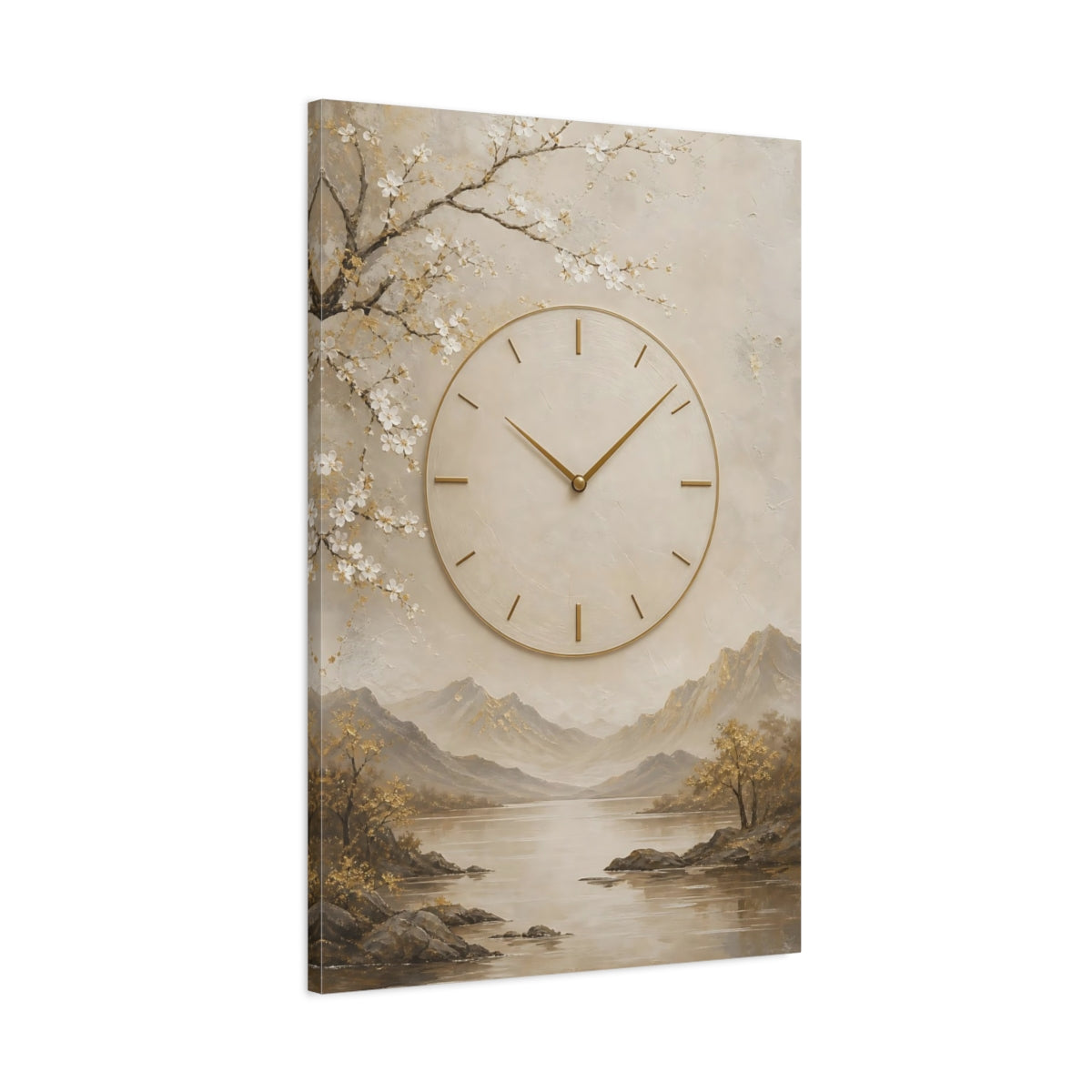 Main Mockup. Nature Clock Beige Gold Clock shown as stretched canvas wall art
