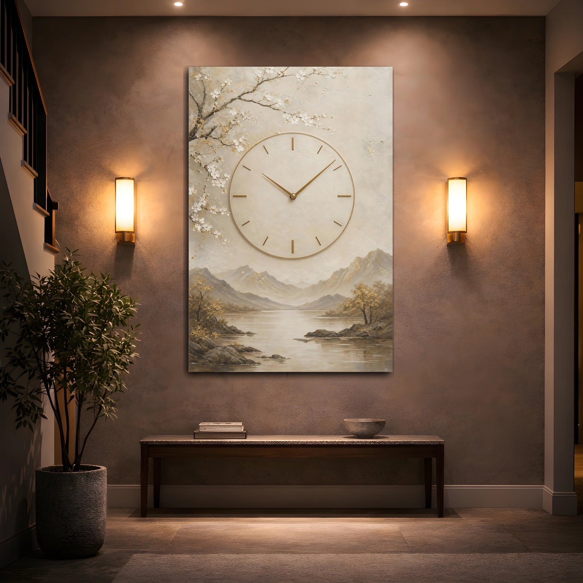 Mockup 2. Nature Clock Beige Gold Clock shown as stretched canvas wall art