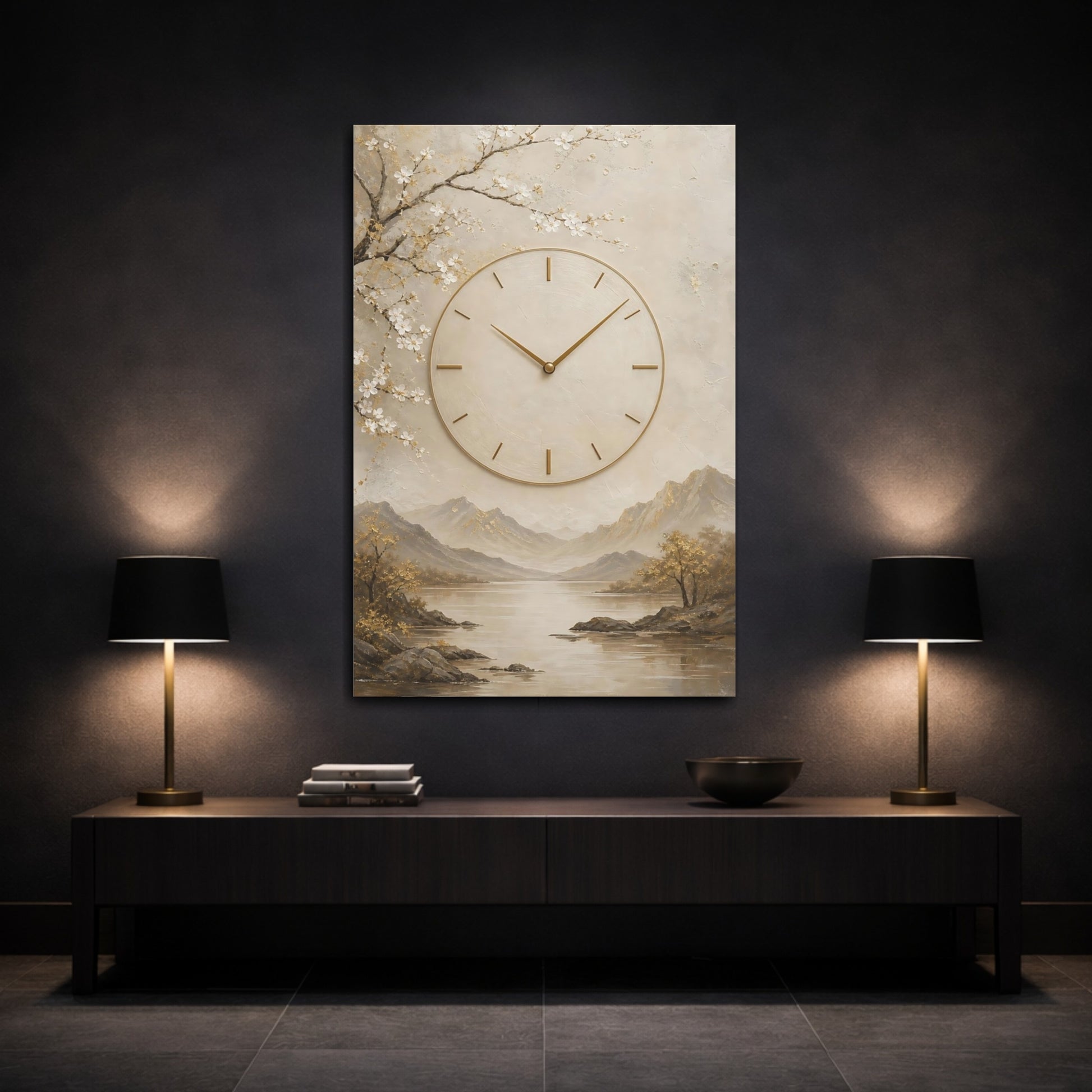 Mockup 3. Nature Clock Beige Gold Clock shown as stretched canvas wall art