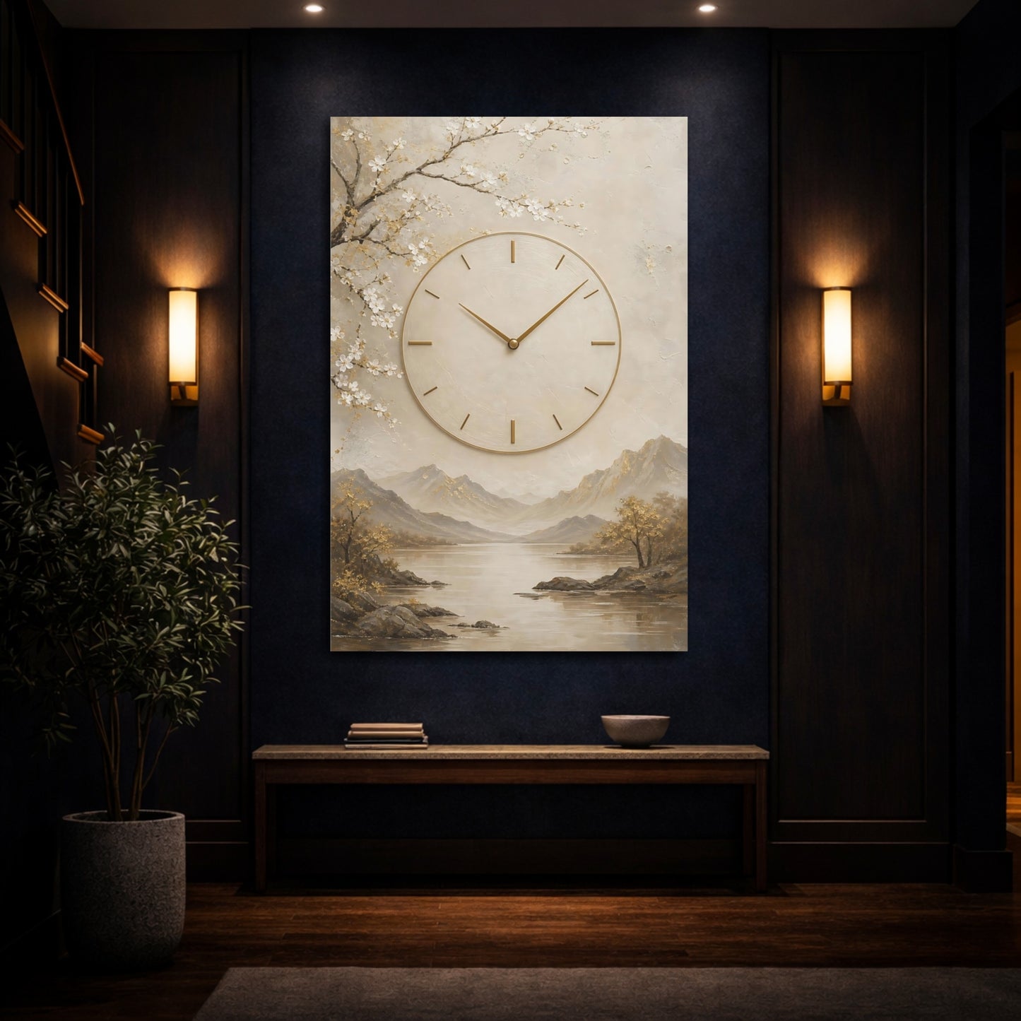 Mockup 4. Nature Clock Beige Gold Clock shown as stretched canvas wall art