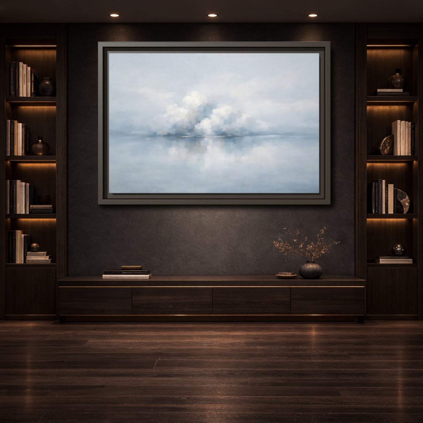 Mockup 3. Nature Clouds Blue And White Clouds shown as stretched canvas wall art