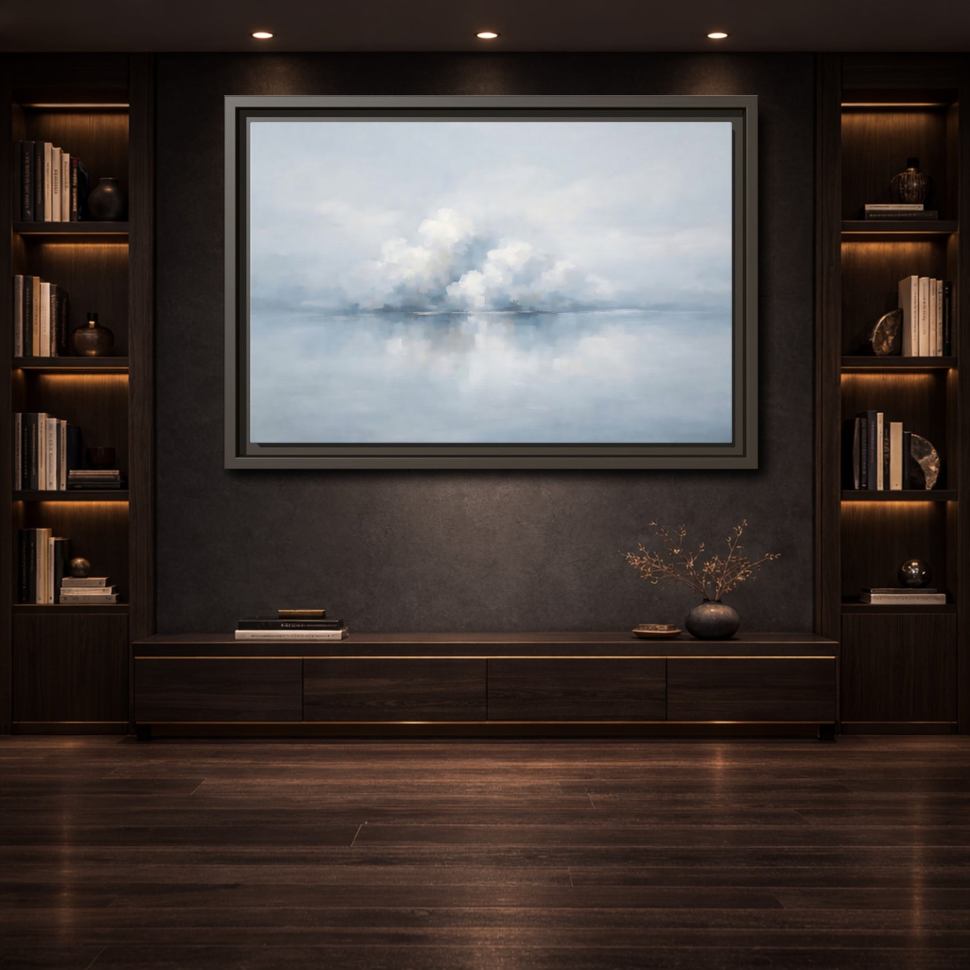 Mockup 3. Nature Clouds Blue And White Clouds shown as stretched canvas wall art