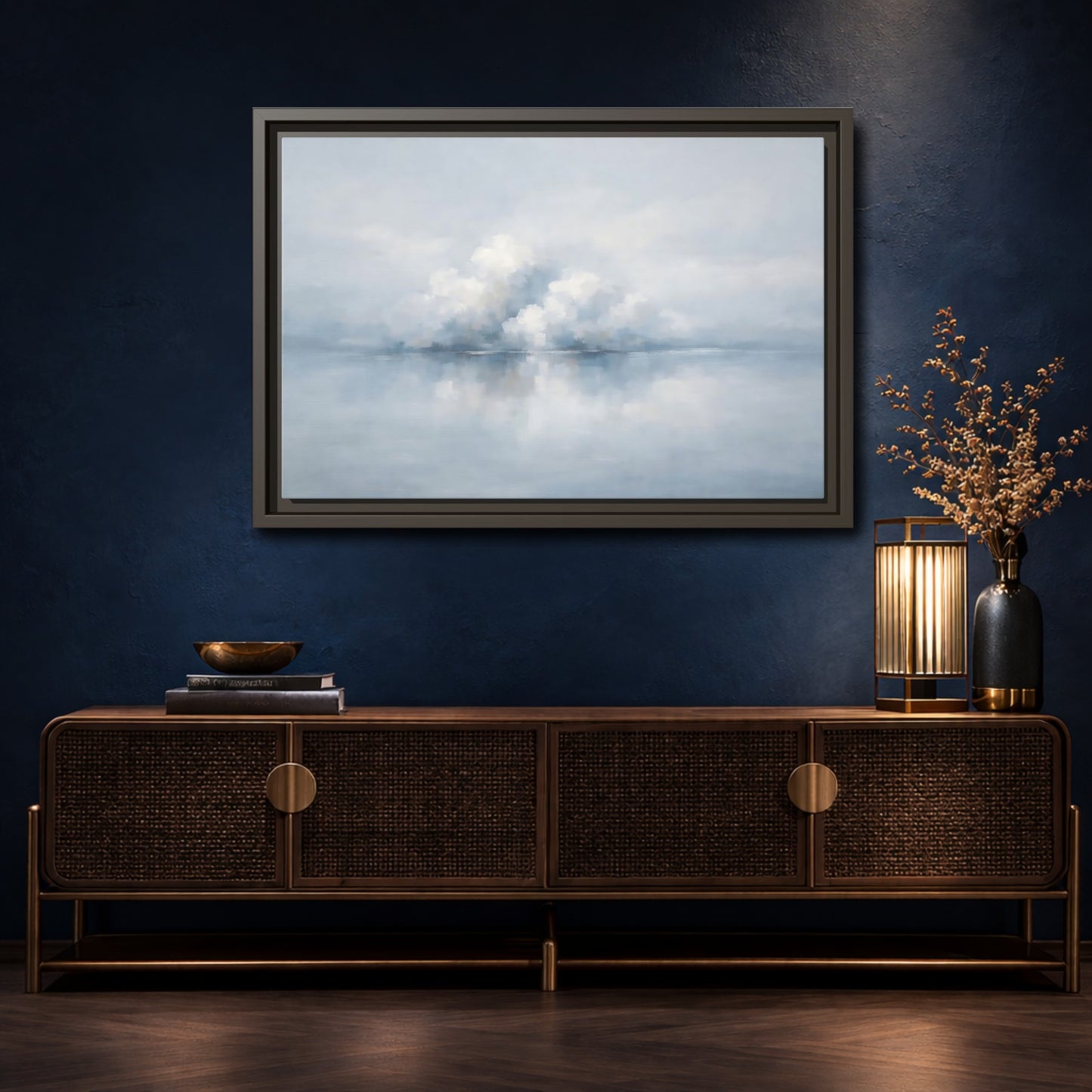 Mockup 4. Nature Clouds Blue And White Clouds shown as stretched canvas wall art