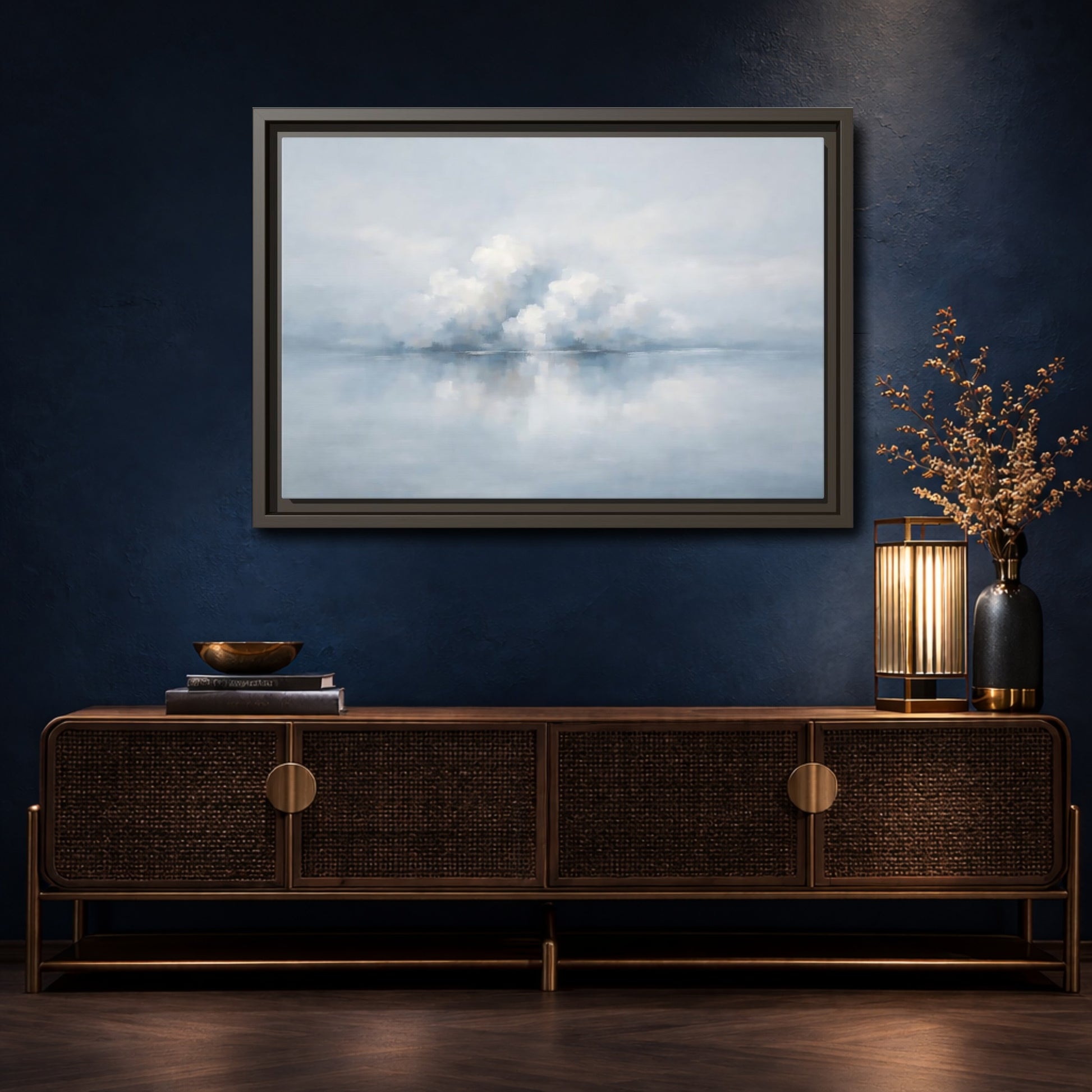 Mockup 4. Nature Clouds Blue And White Clouds shown as stretched canvas wall art