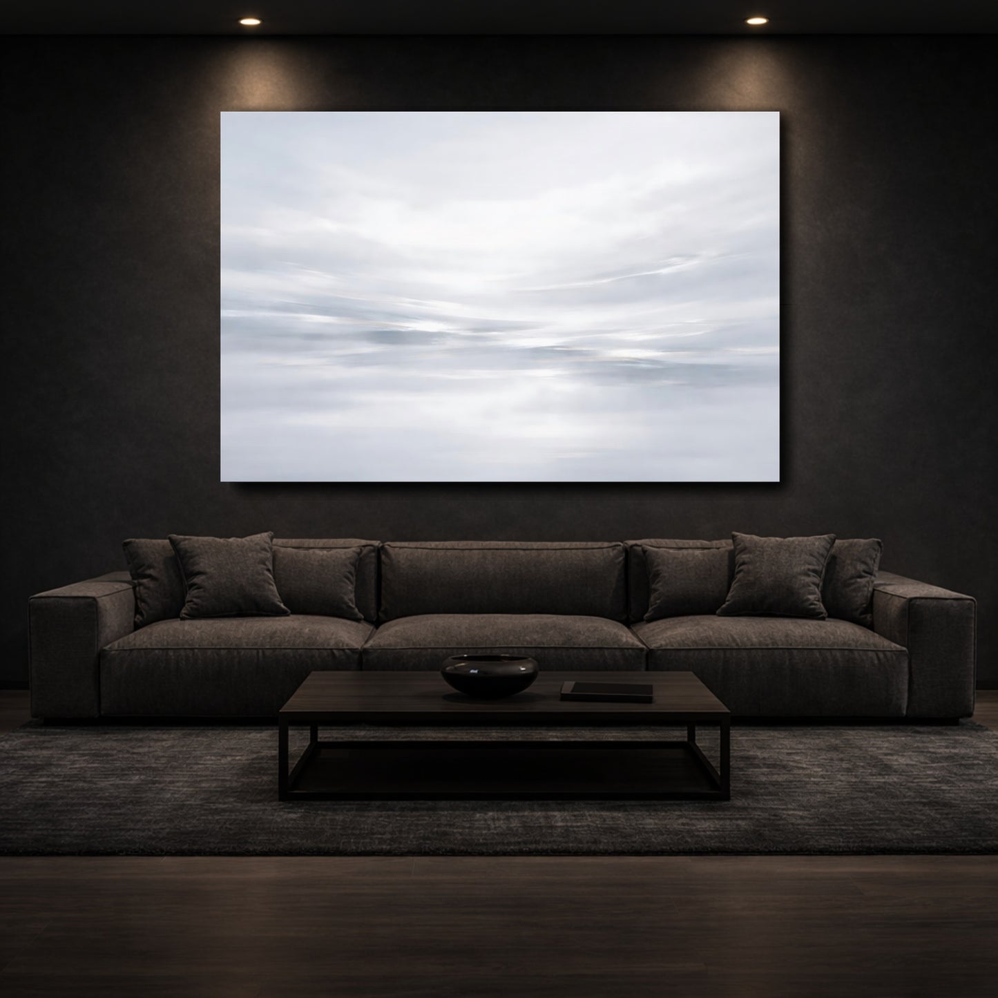 Mockup 2. Nature Clouds Grey And White shown as stretched canvas wall art