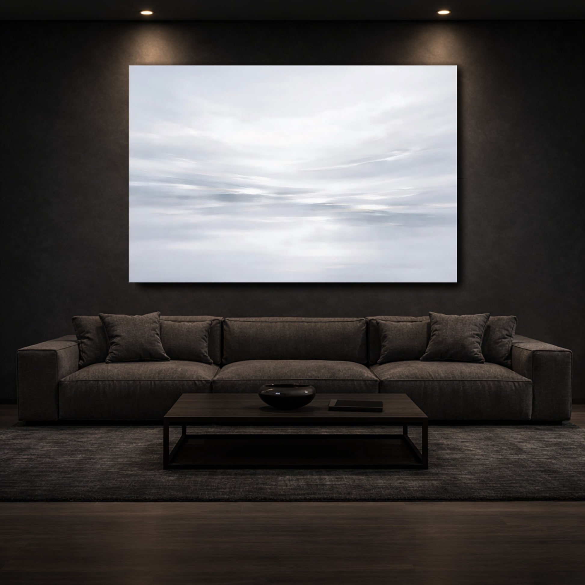 Mockup 2. Nature Clouds Grey And White shown as stretched canvas wall art