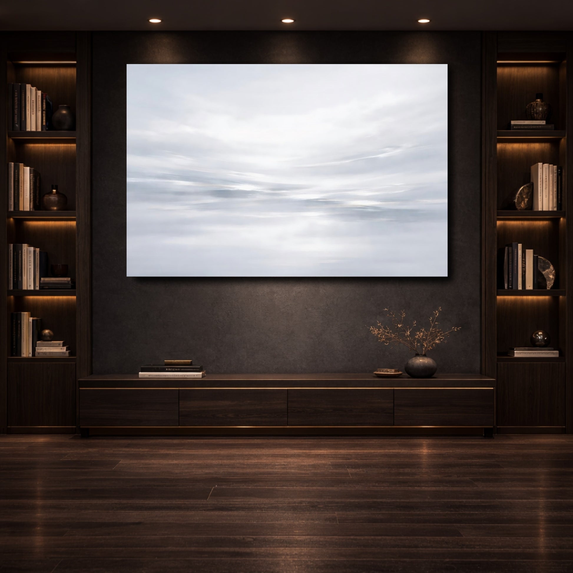 Mockup 3. Nature Clouds Grey And White shown as stretched canvas wall art