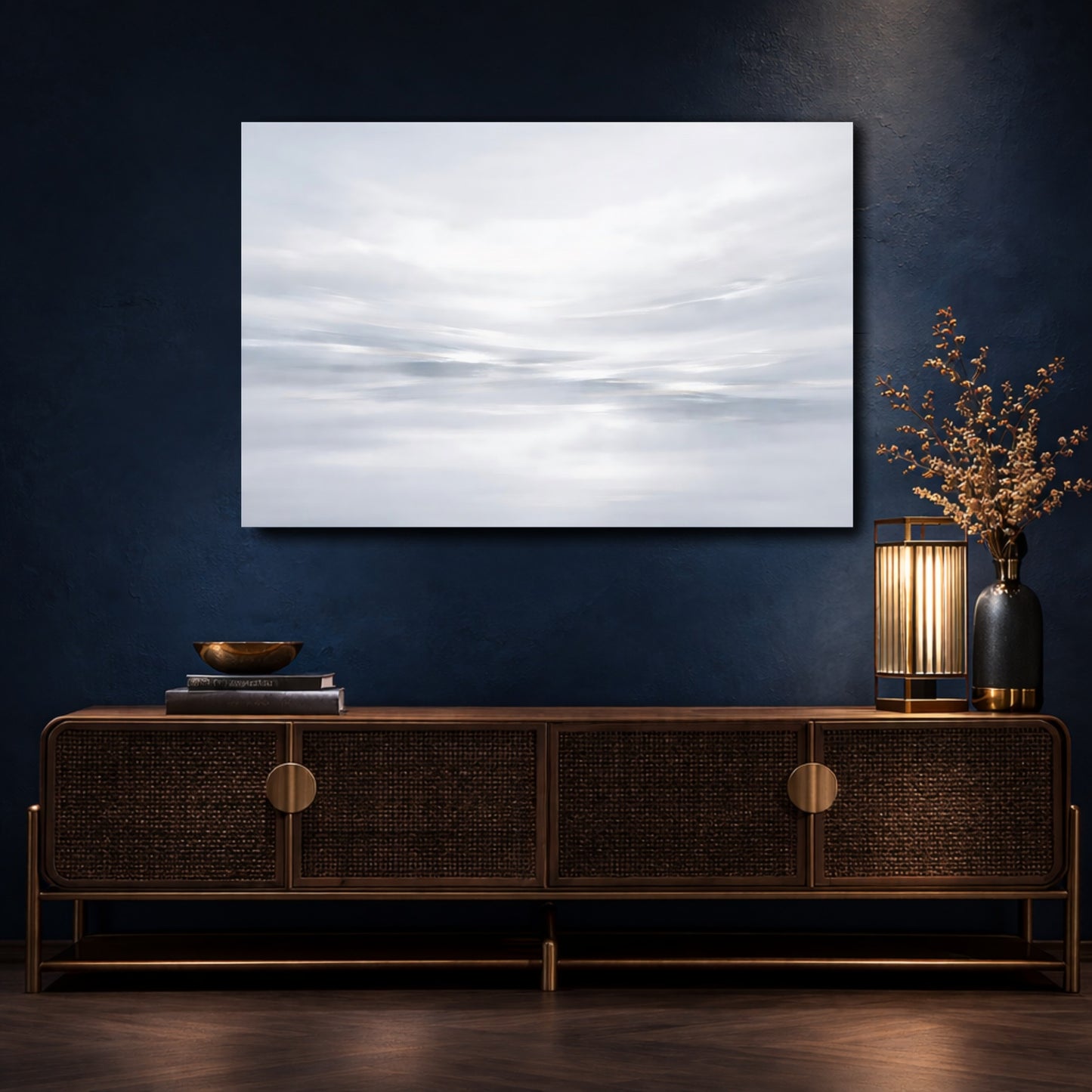 Mockup 4. Nature Clouds Grey And White shown as stretched canvas wall art