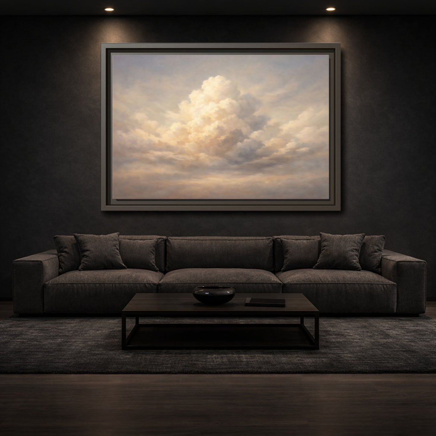 Mockup 2. Nature Clouds Pale Sky shown as stretched canvas wall art