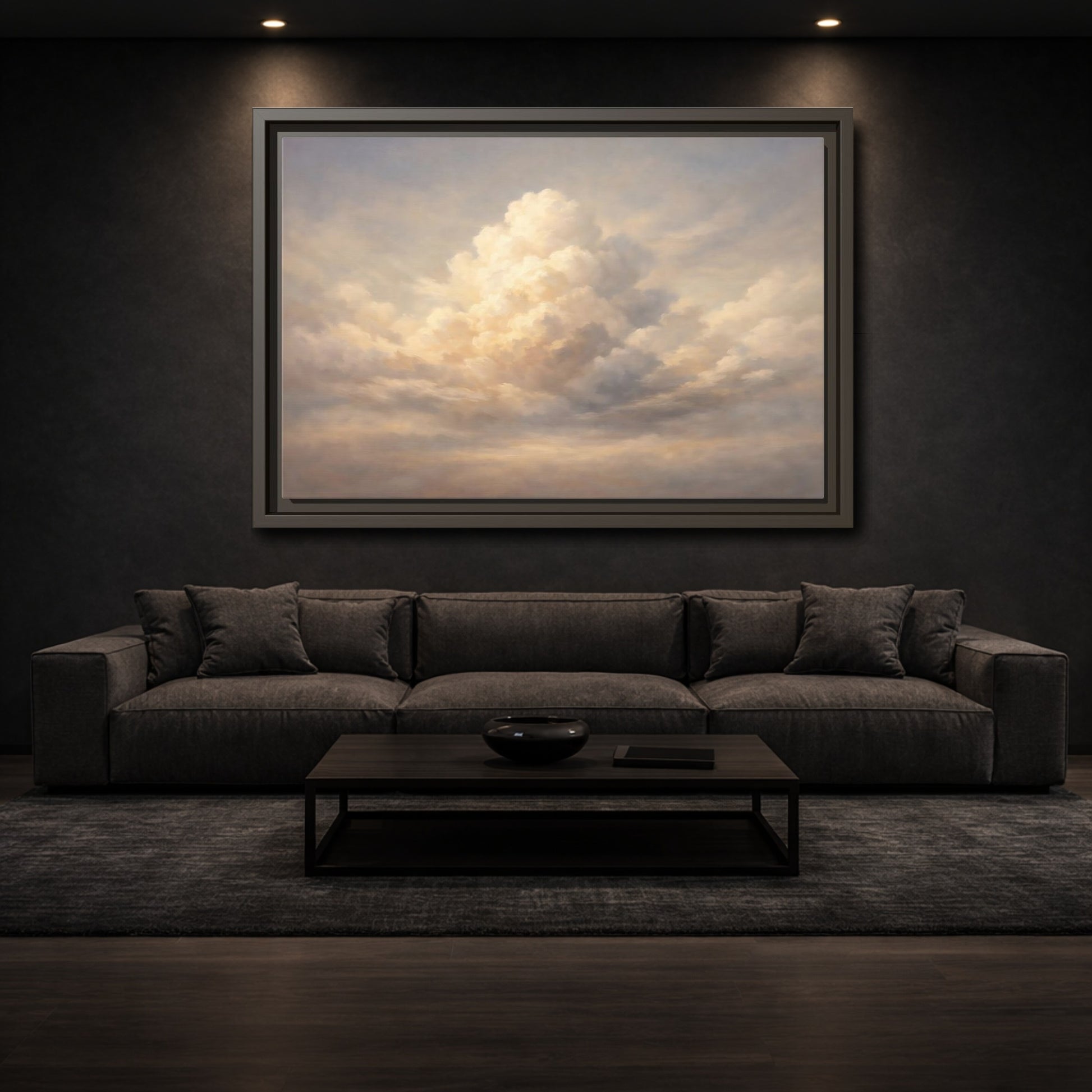 Mockup 2. Nature Clouds Pale Sky shown as stretched canvas wall art