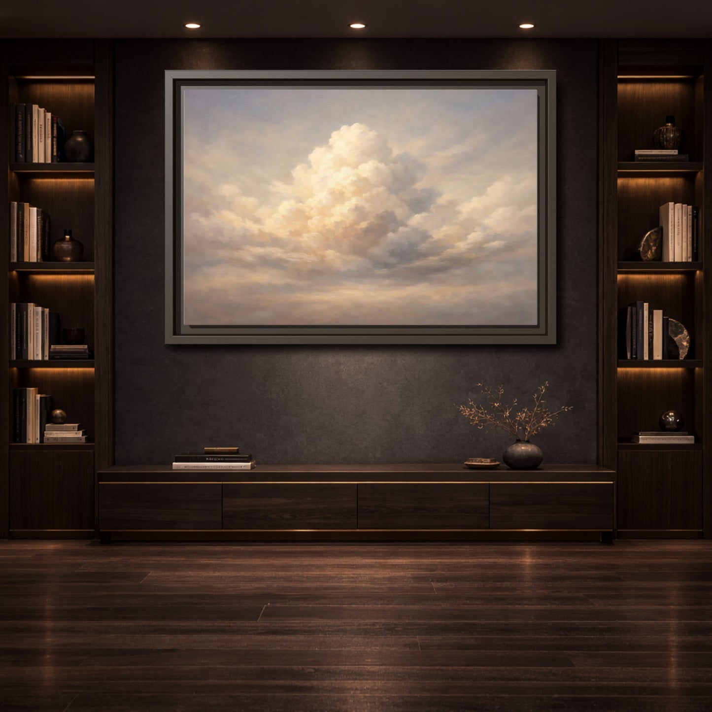 Mockup 3. Nature Clouds Pale Sky shown as stretched canvas wall art