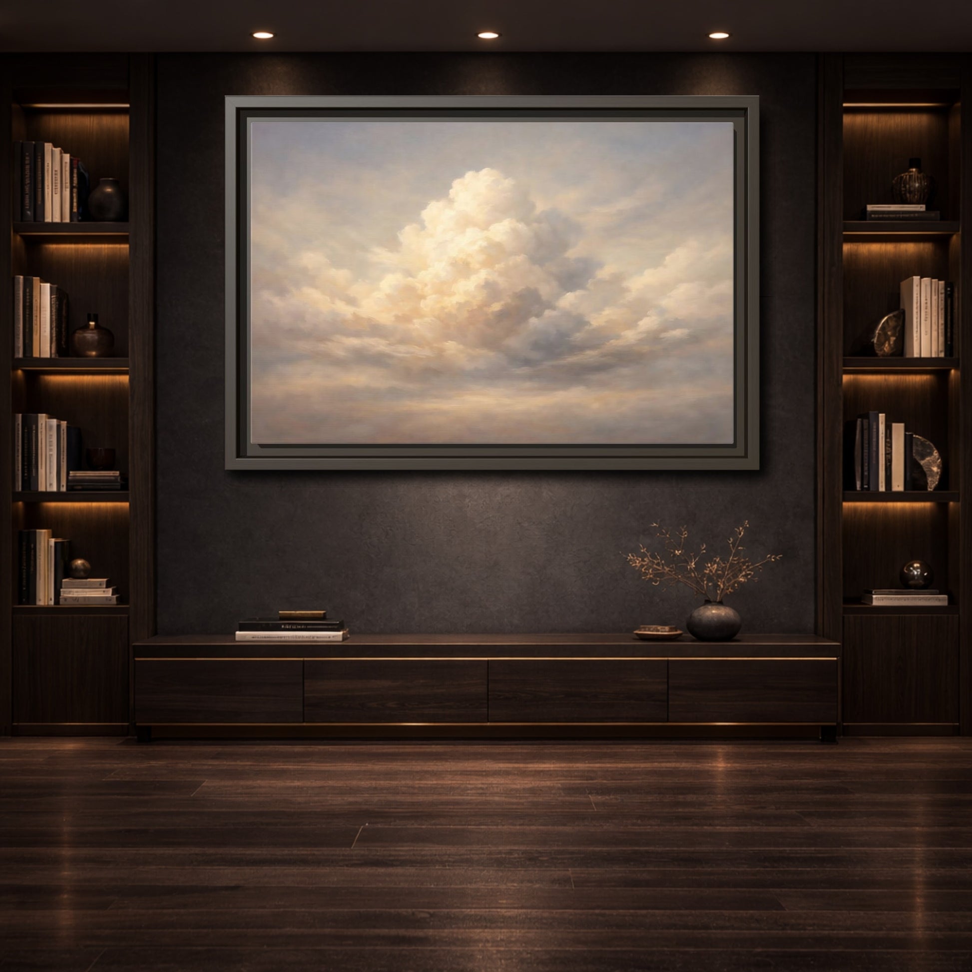Mockup 3. Nature Clouds Pale Sky shown as stretched canvas wall art