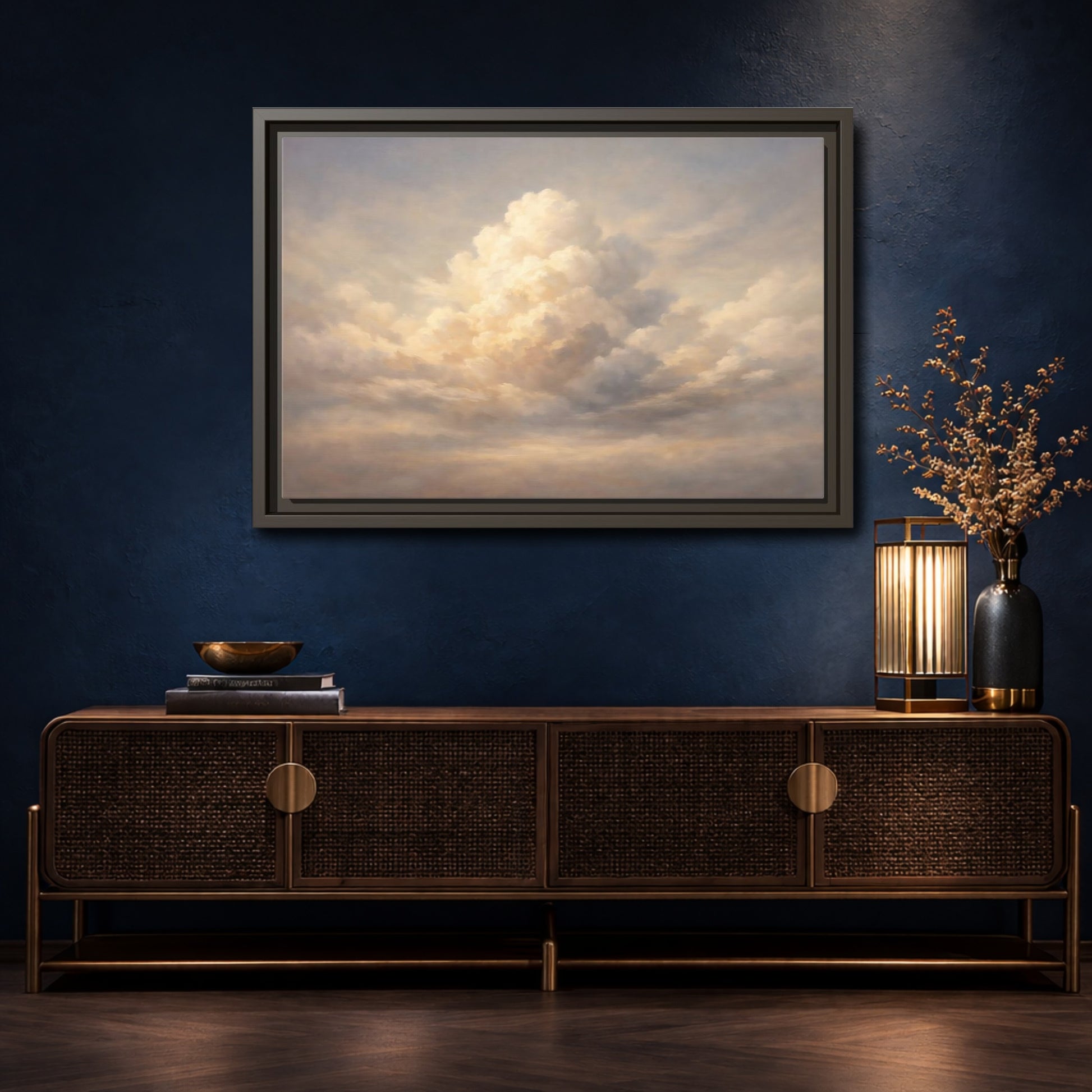 Mockup 4. Nature Clouds Pale Sky shown as stretched canvas wall art