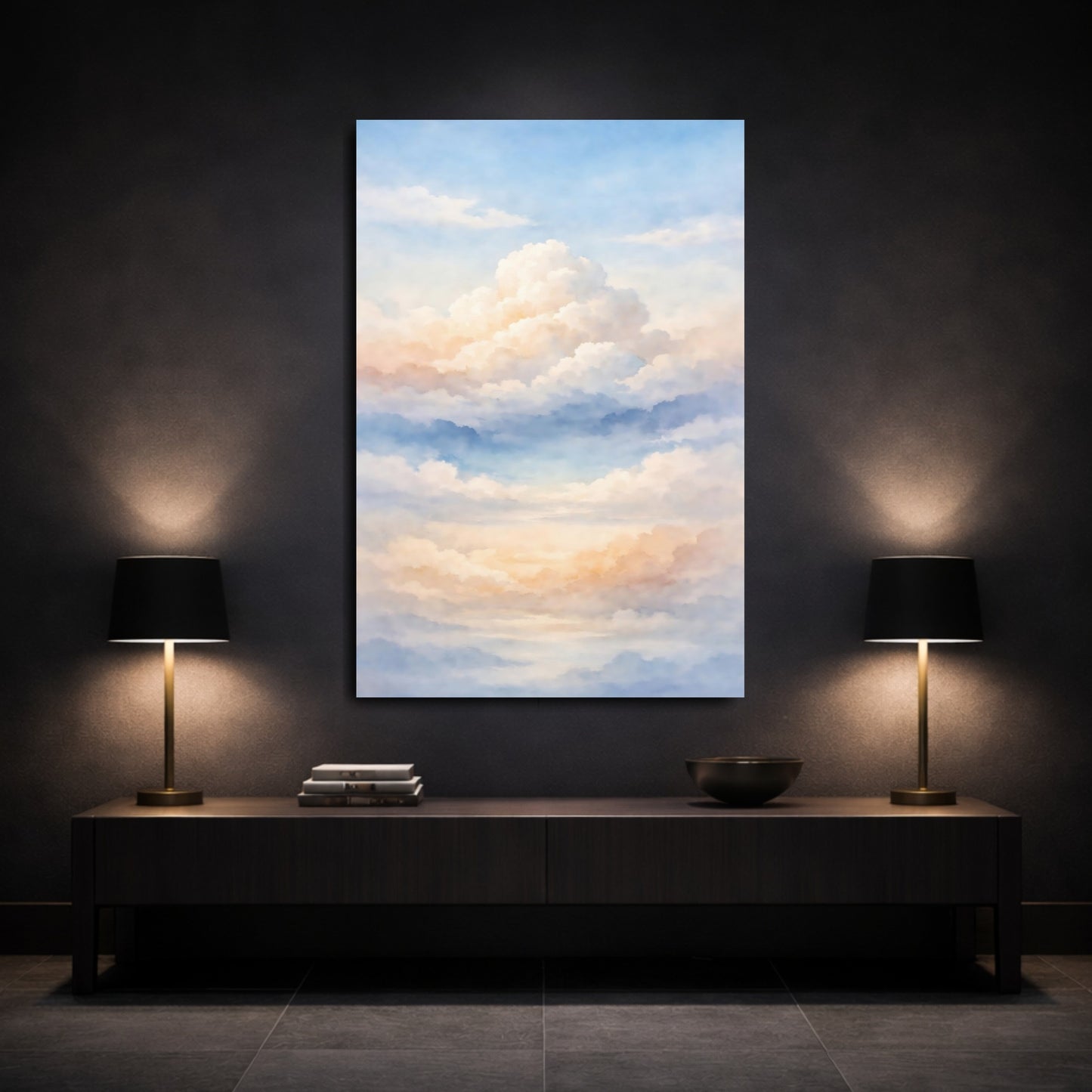 Mockup 2. Nature Clouds Pastel Sky Clouds shown as stretched canvas wall art