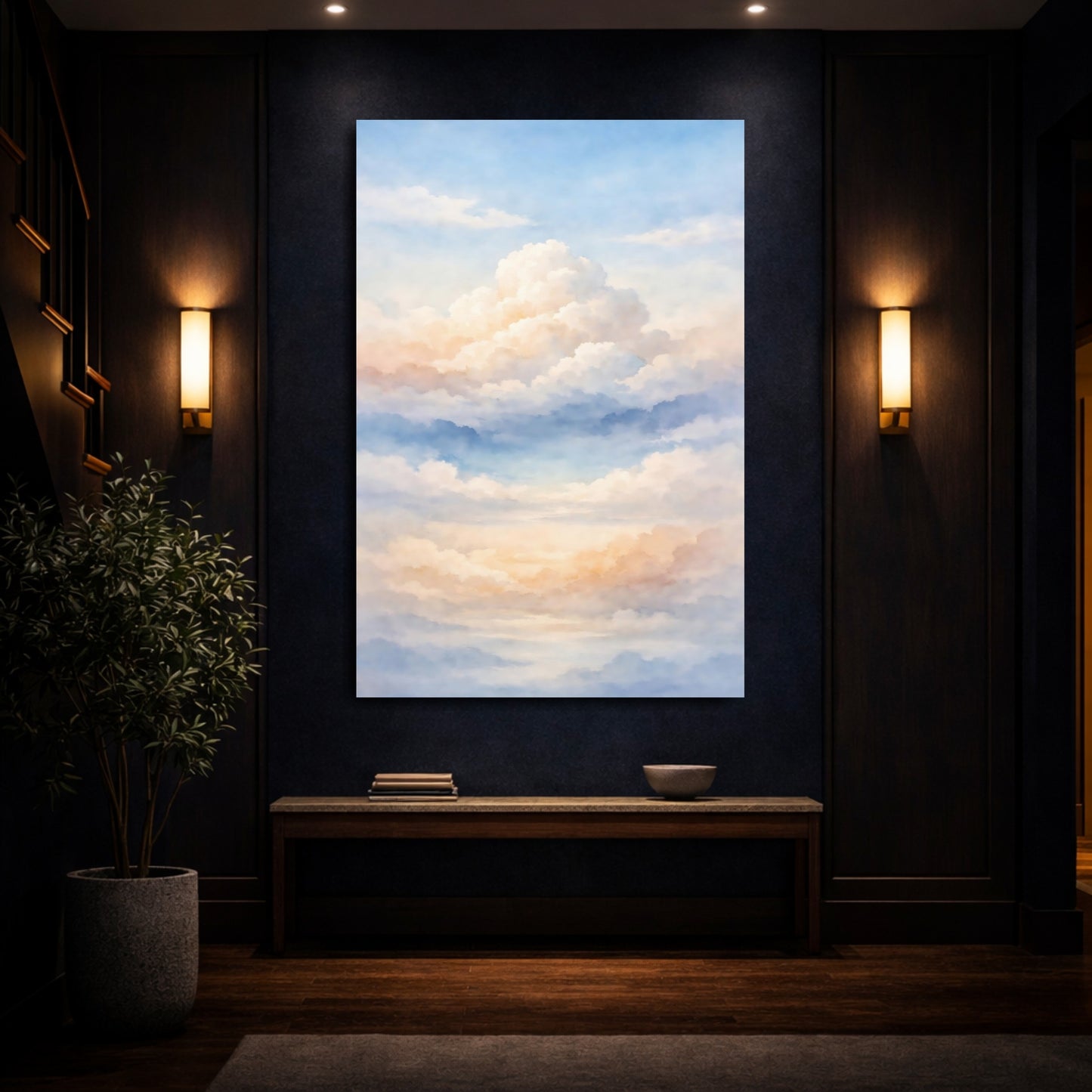 Mockup 3. Nature Clouds Pastel Sky Clouds shown as stretched canvas wall art