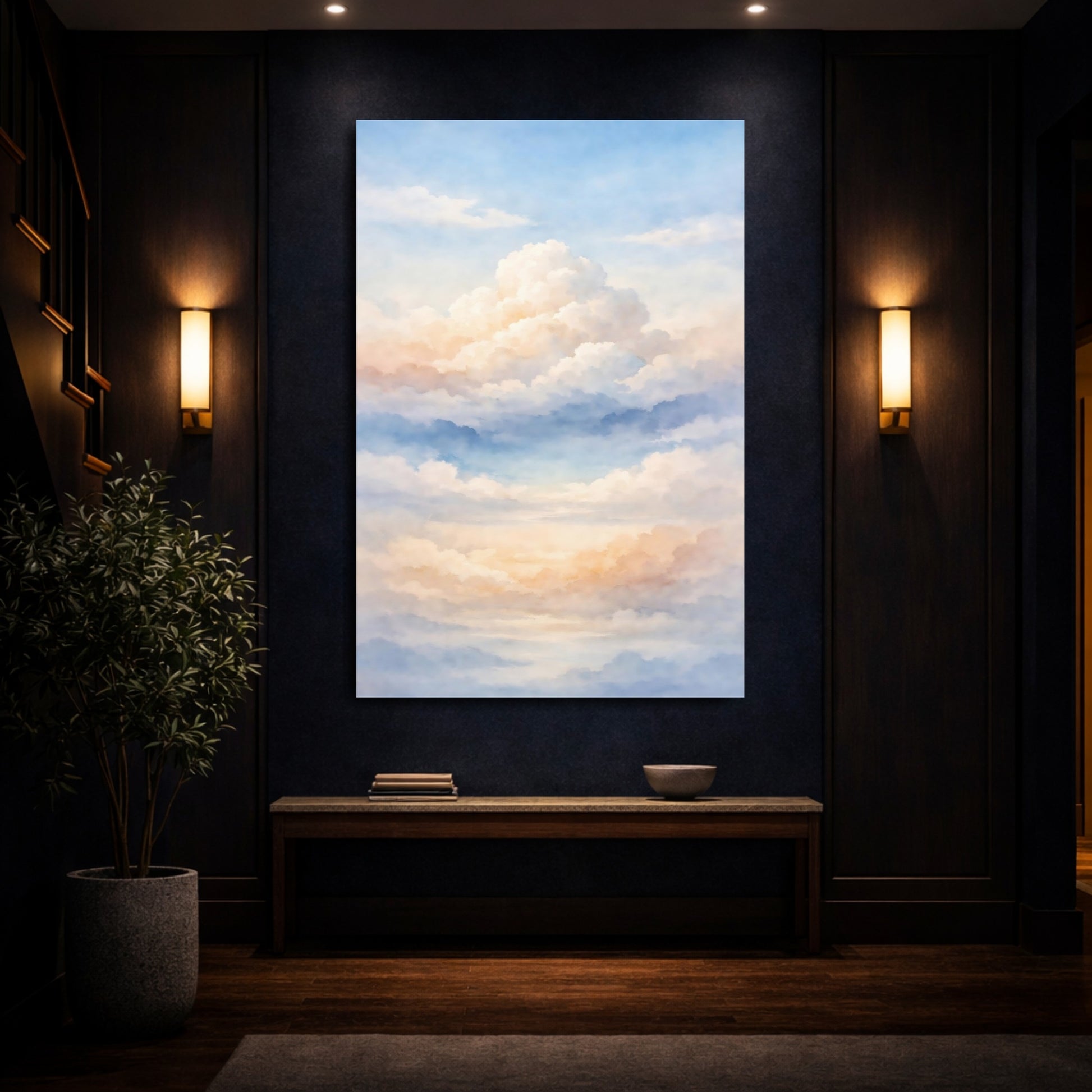 Mockup 3. Nature Clouds Pastel Sky Clouds shown as stretched canvas wall art