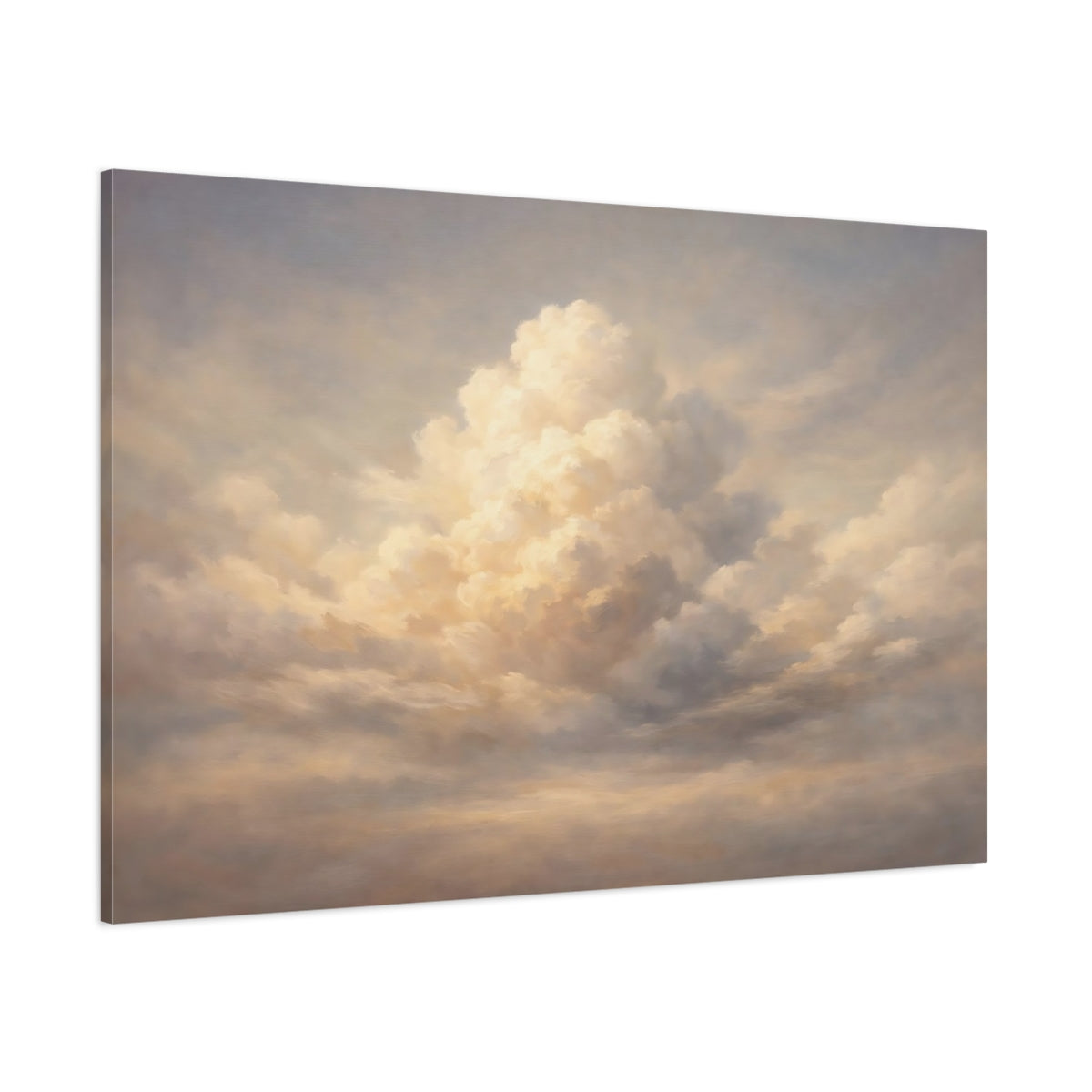 Main Mockup. Nature Clouds Soft Blue Gold shown as stretched canvas wall art