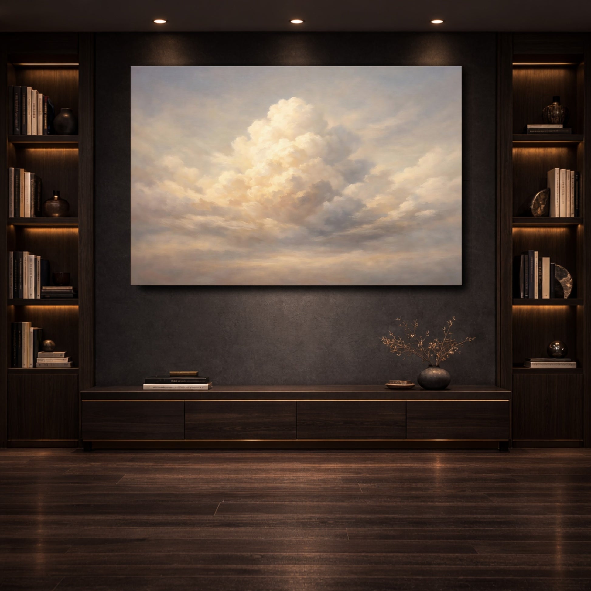 Mockup 3. Nature Clouds Soft Blue Gold shown as stretched canvas wall art