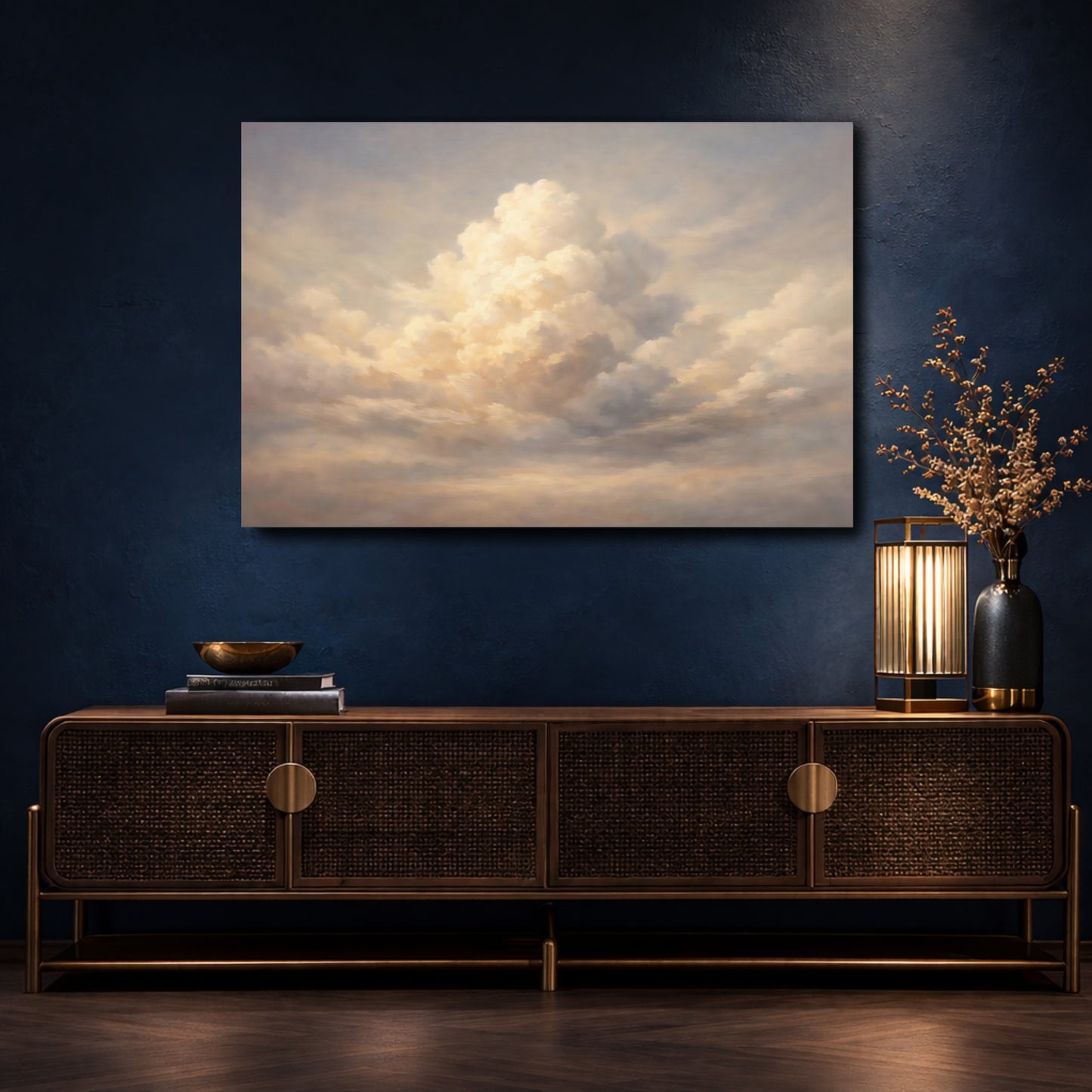 Mockup 4. Nature Clouds Soft Blue Gold shown as stretched canvas wall art