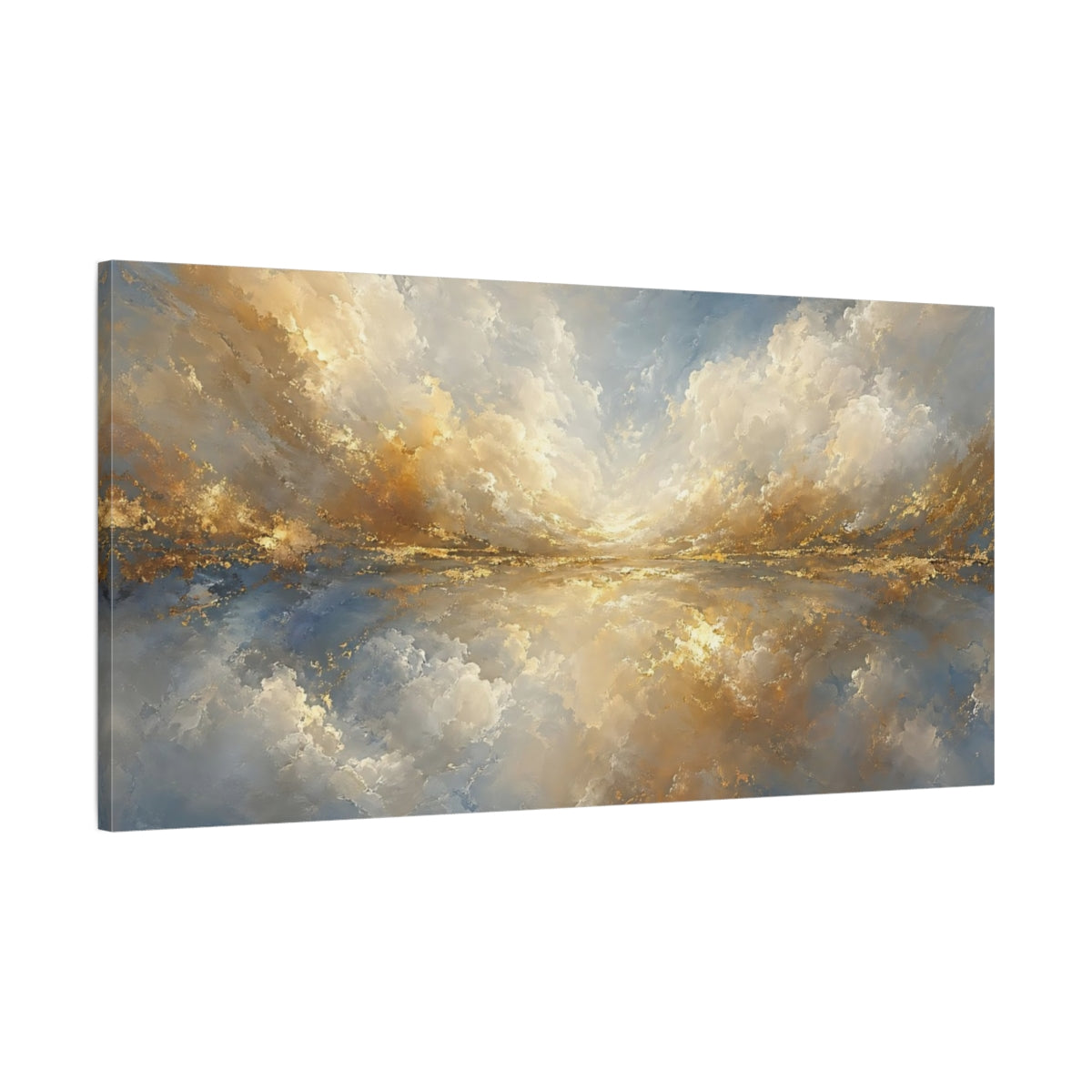 Main Mockup. Nature Cloudscape Blue And Gold shown as stretched canvas wall art
