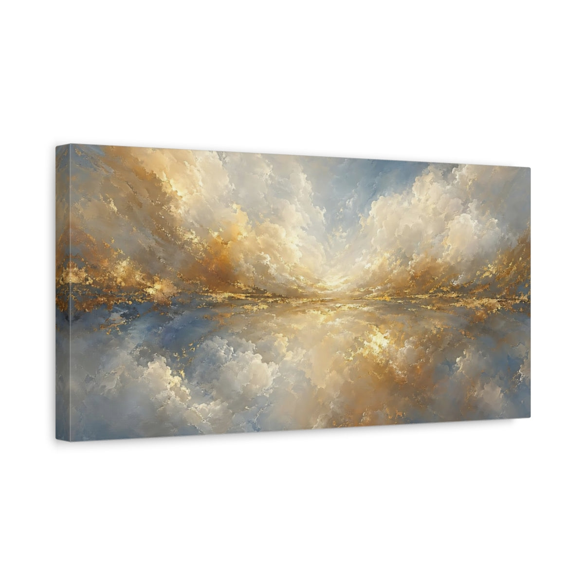Side Mockup 3. Nature Cloudscape Blue And Gold shown as stretched canvas wall art