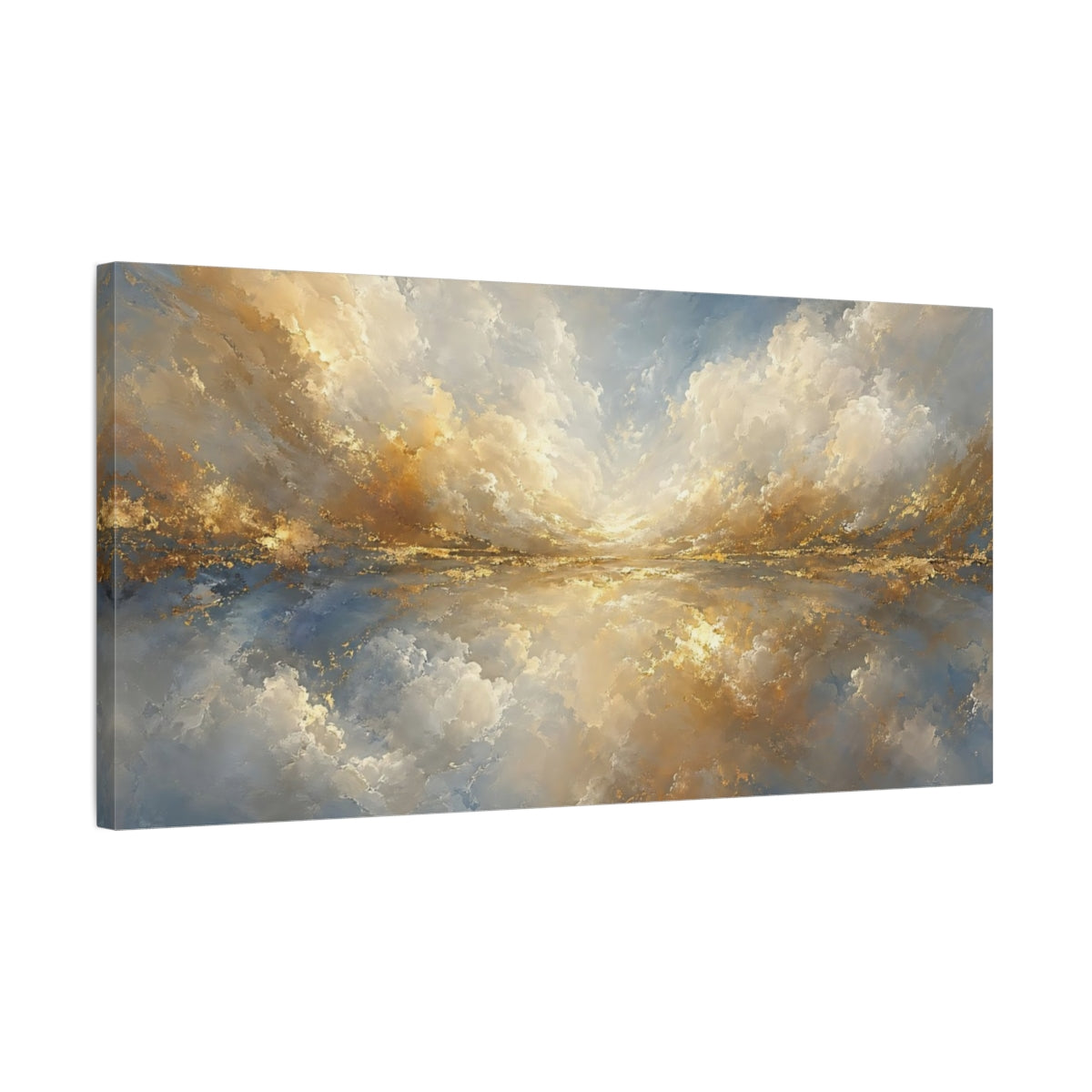 Side Mockup 1. Nature Cloudscape Blue And Gold shown as stretched canvas wall art