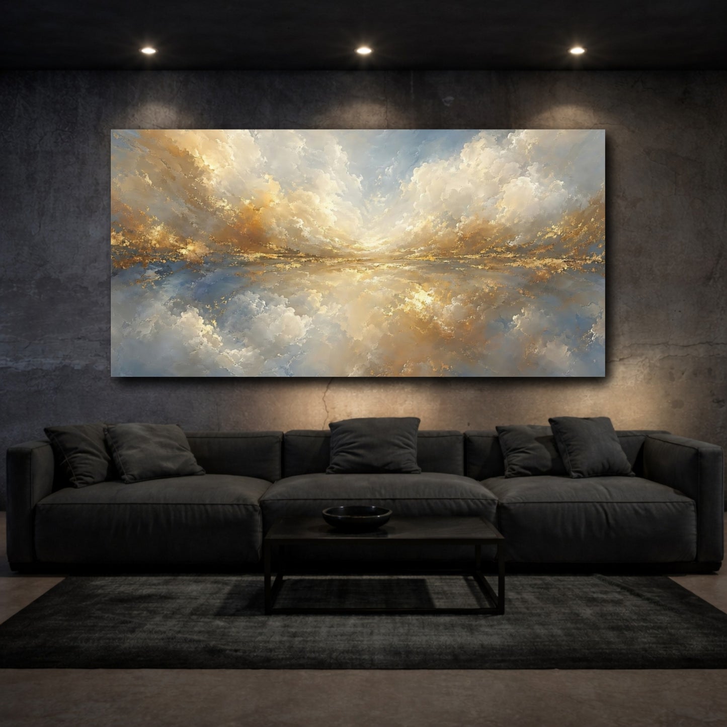 Mockup 2. Nature Cloudscape Blue And Gold shown as stretched canvas wall art