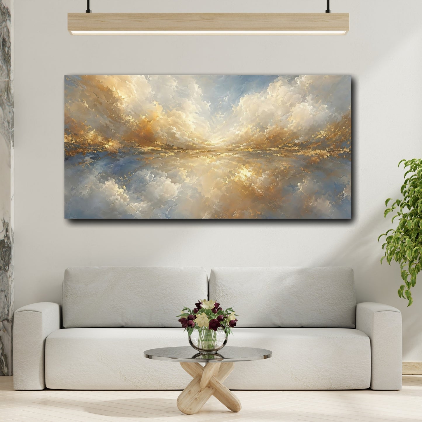 Mockup 3. Nature Cloudscape Blue And Gold shown as stretched canvas wall art