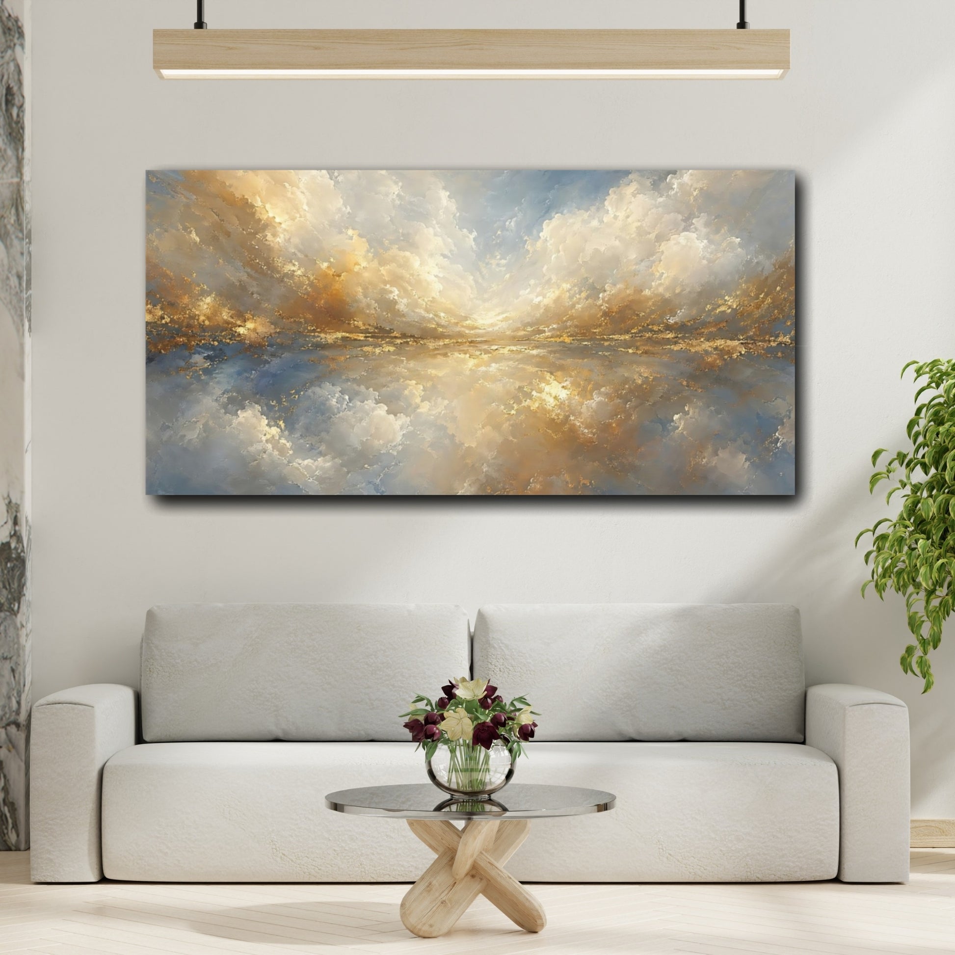 Mockup 3. Nature Cloudscape Blue And Gold shown as stretched canvas wall art