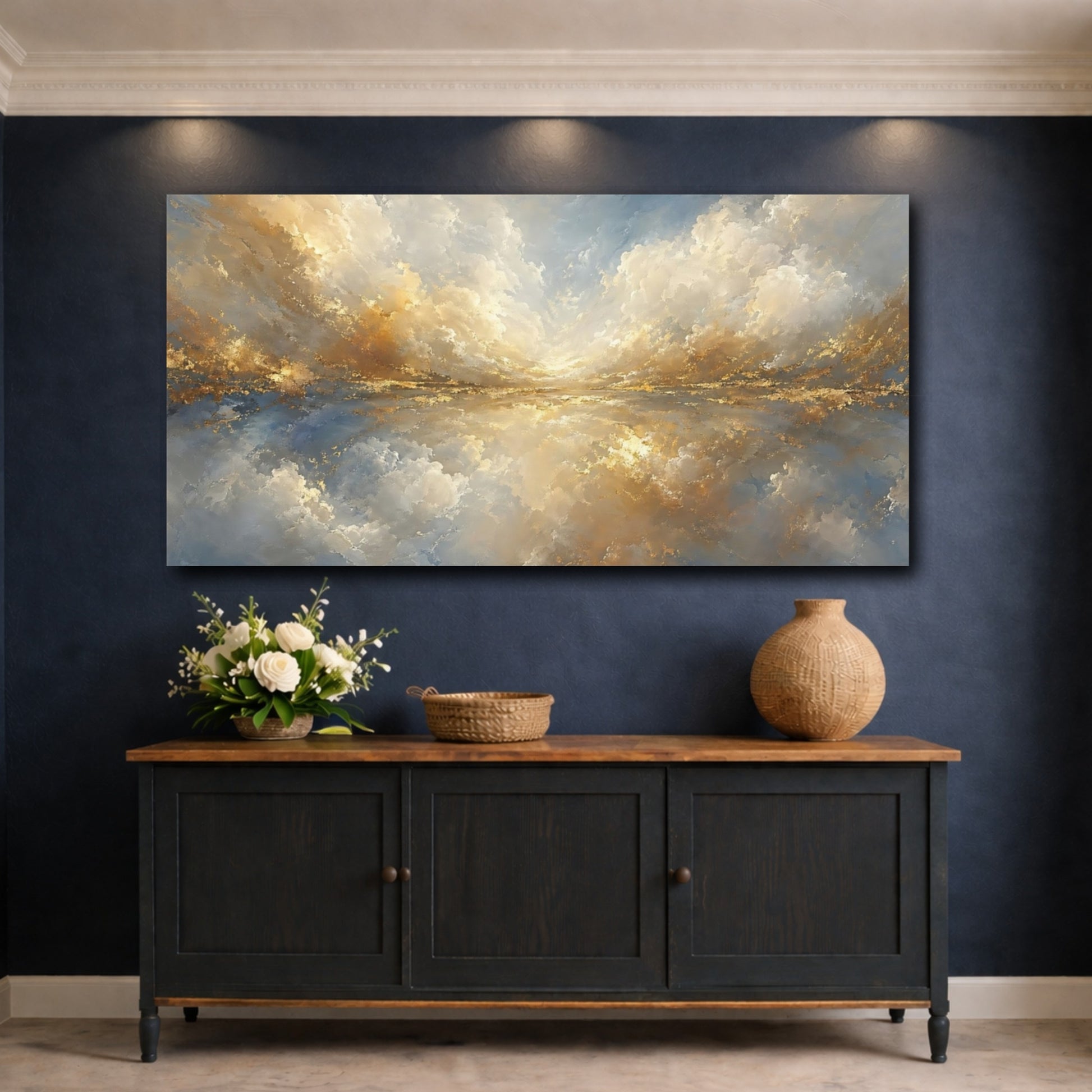 Mockup 4. Nature Cloudscape Blue And Gold shown as stretched canvas wall art