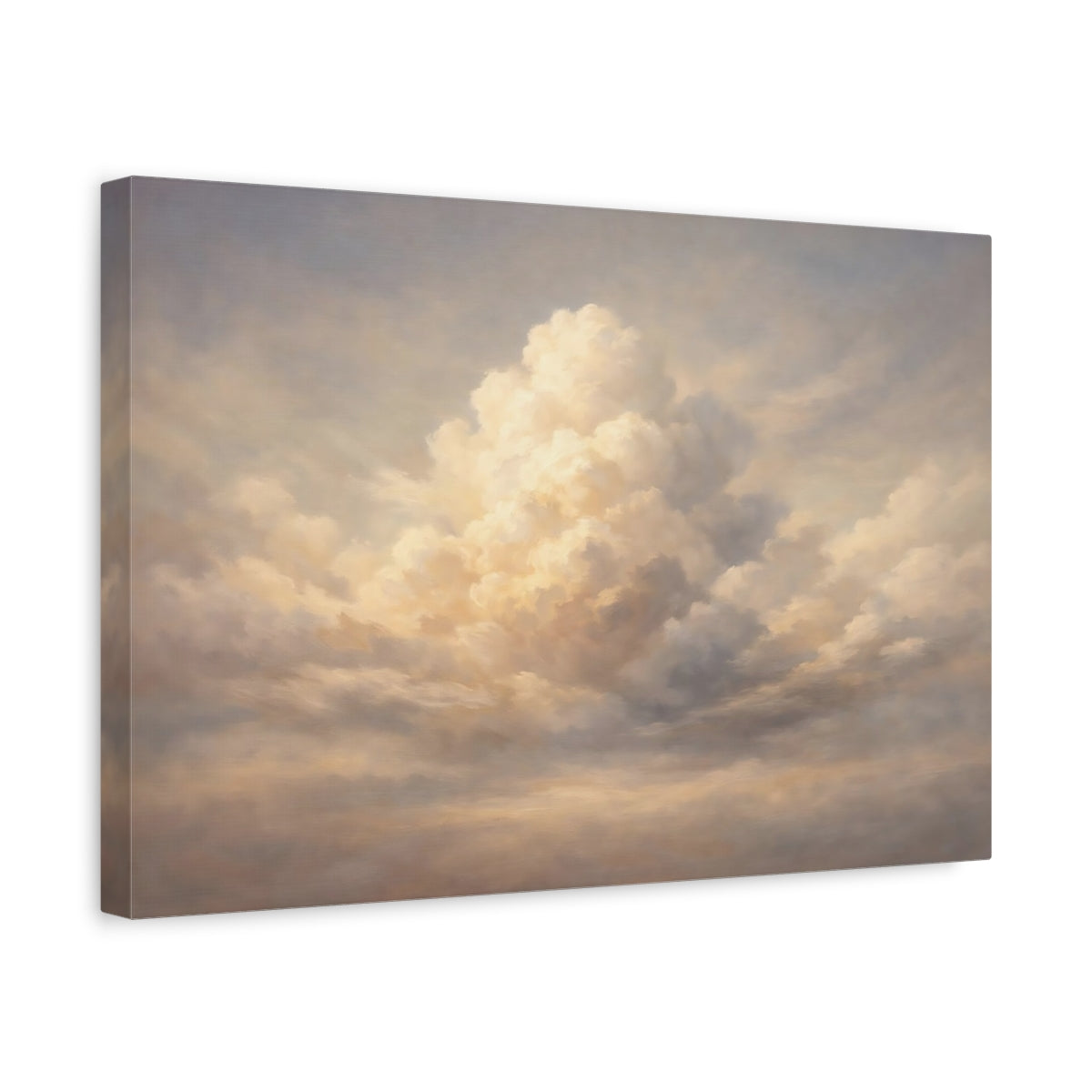 Side Mockup 4. Nature Cloudscape Cream And Grey Sky shown as stretched canvas wall art