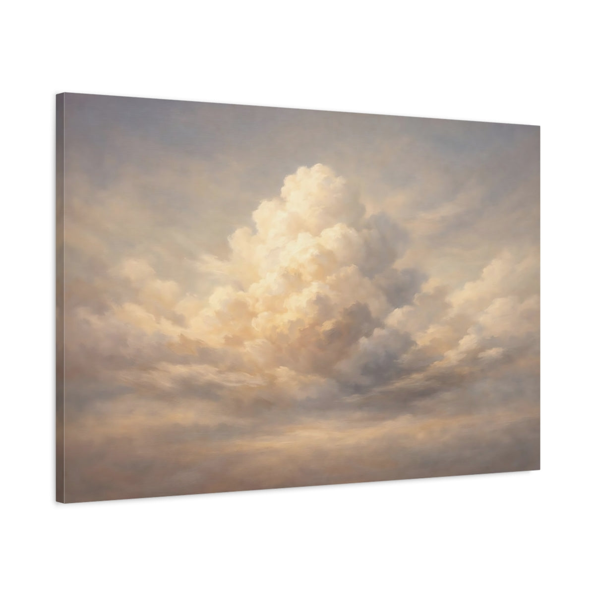Side Mockup 1. Nature Cloudscape Cream And Grey Sky shown as stretched canvas wall art