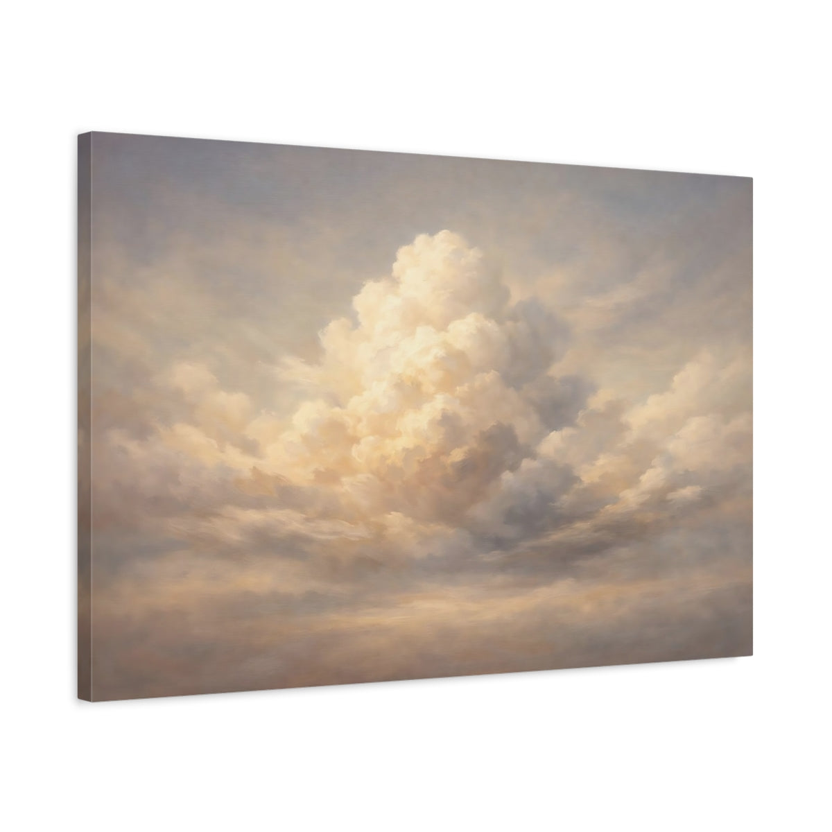 Side Mockup 2. Nature Cloudscape Cream And Grey Sky shown as stretched canvas wall art