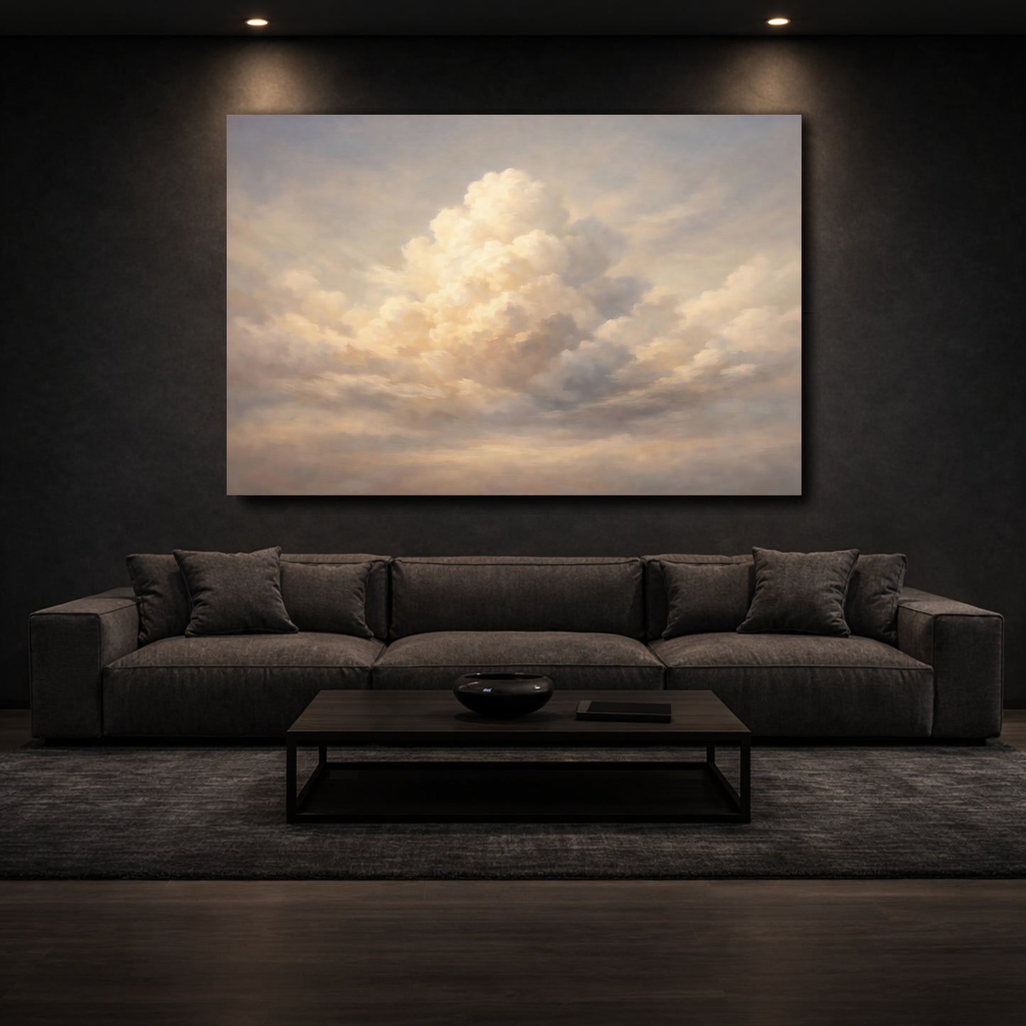 Mockup 2. Nature Cloudscape Cream And Grey Sky shown as stretched canvas wall art