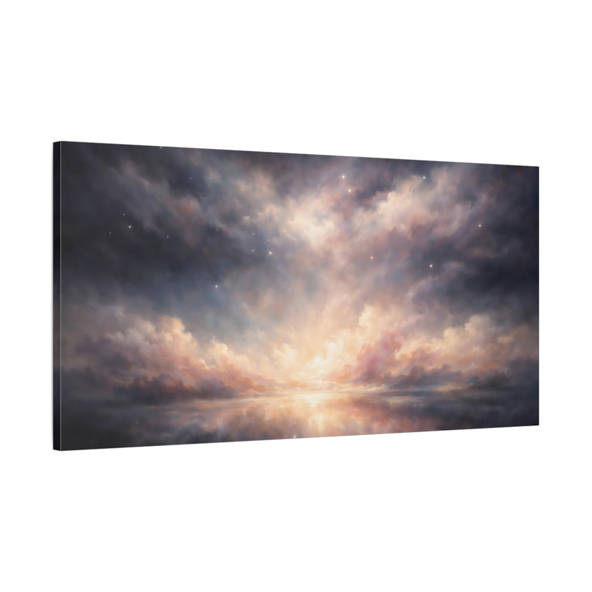 Side Mockup 1. Nature Cloudscape Twilight Sky Reflection shown as stretched canvas wall art