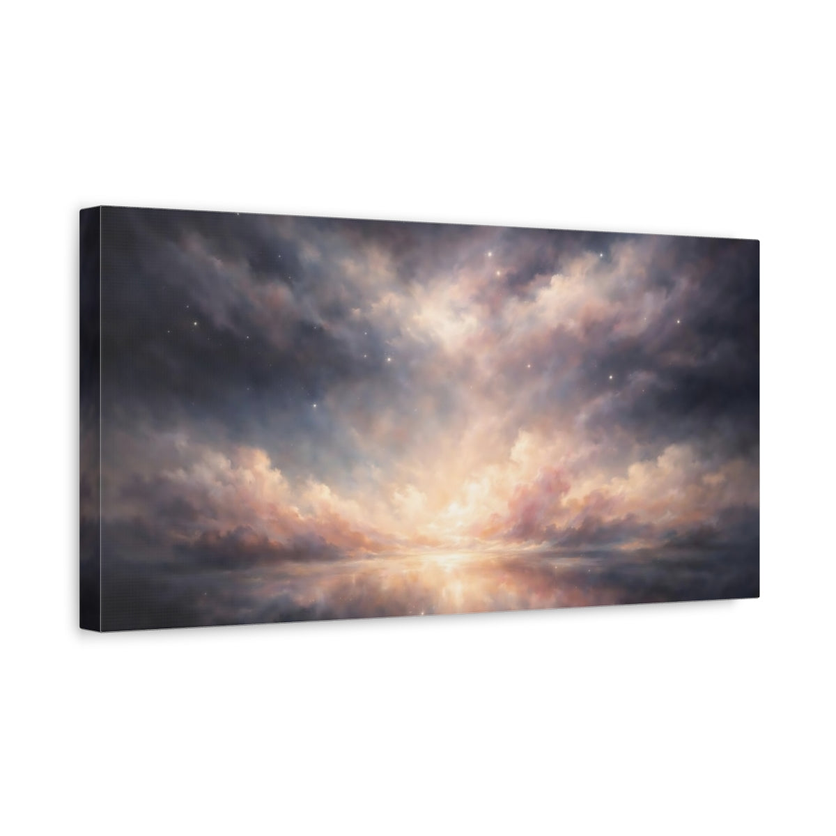 Side Mockup 3. Nature Cloudscape Twilight Sky Reflection shown as stretched canvas wall art