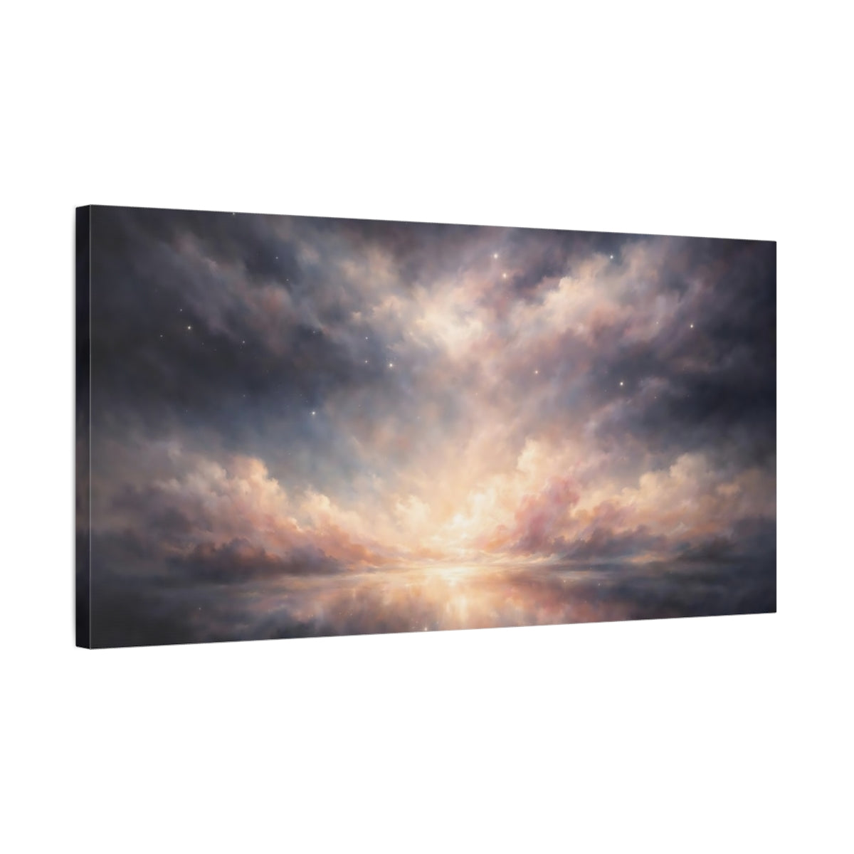 Side Mockup 2. Nature Cloudscape Twilight Sky Reflection shown as stretched canvas wall art