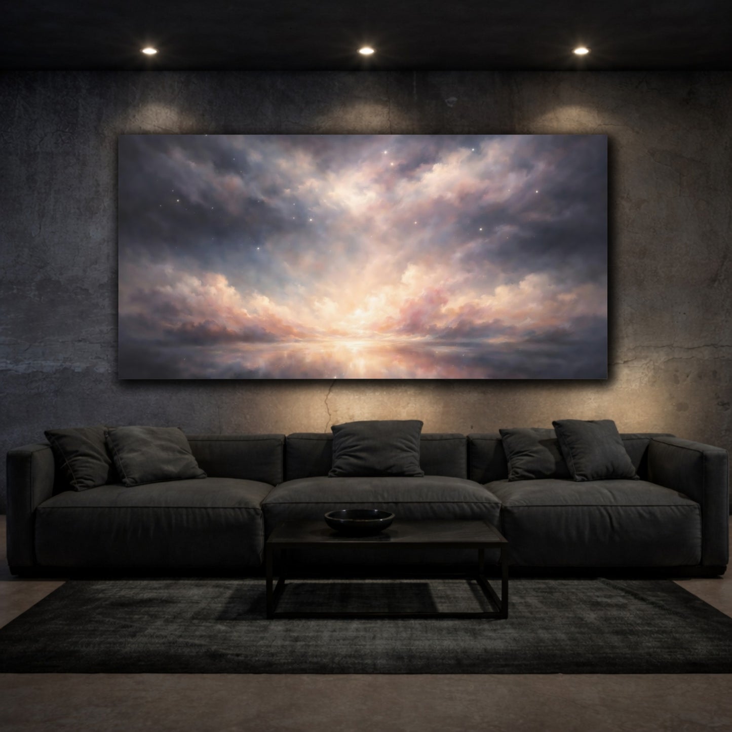 Mockup 2. Nature Cloudscape Twilight Sky Reflection shown as stretched canvas wall art