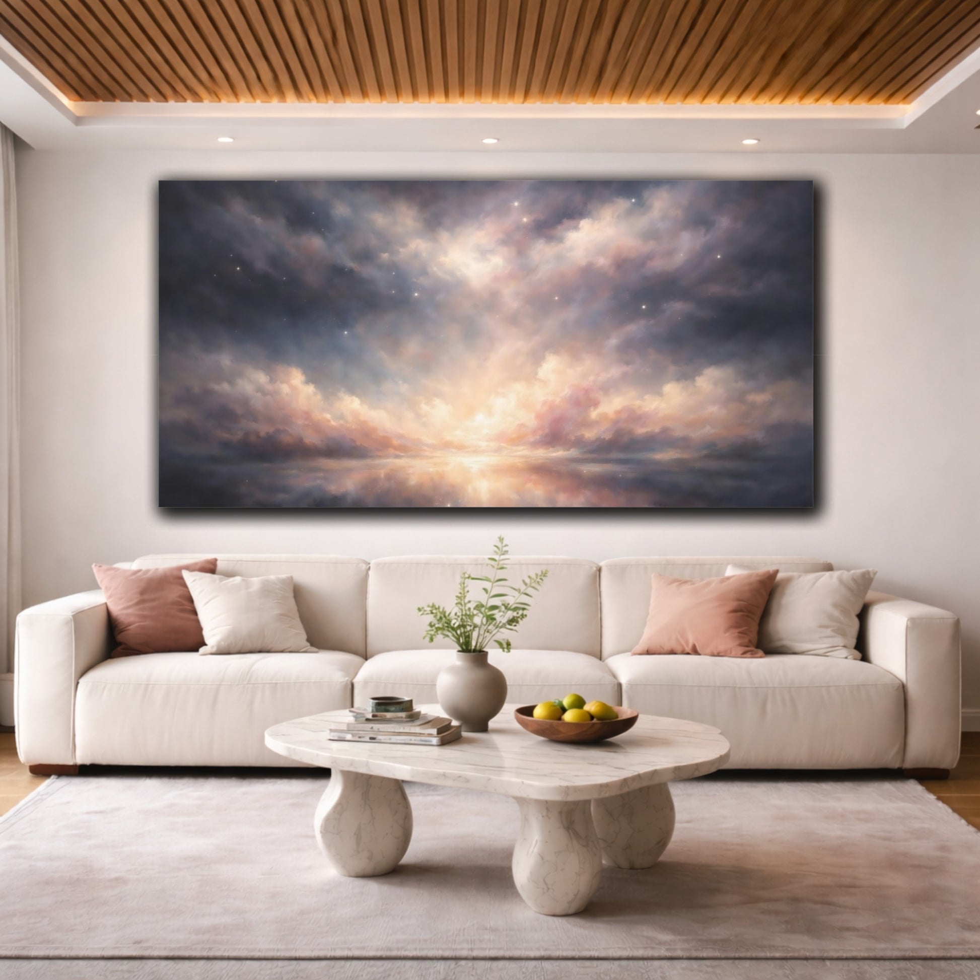 Mockup 3. Nature Cloudscape Twilight Sky Reflection shown as stretched canvas wall art