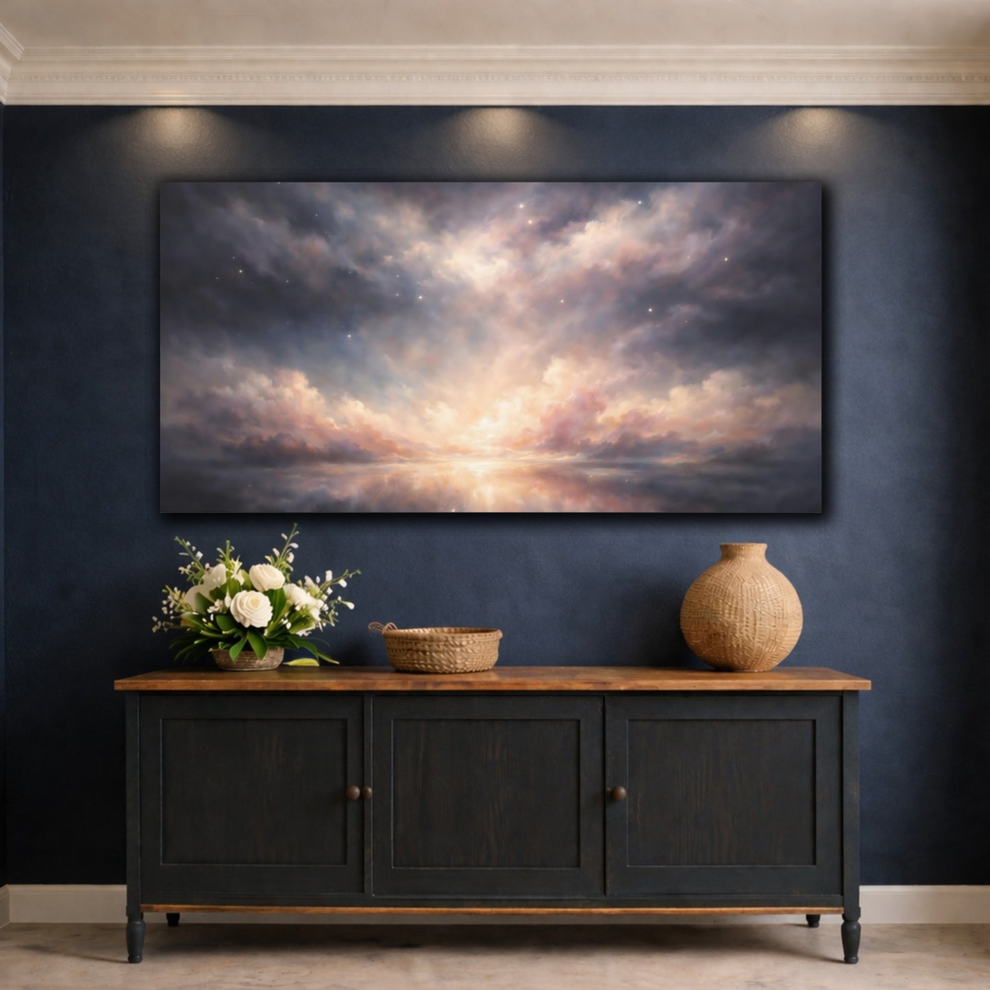 Mockup 4. Nature Cloudscape Twilight Sky Reflection shown as stretched canvas wall art
