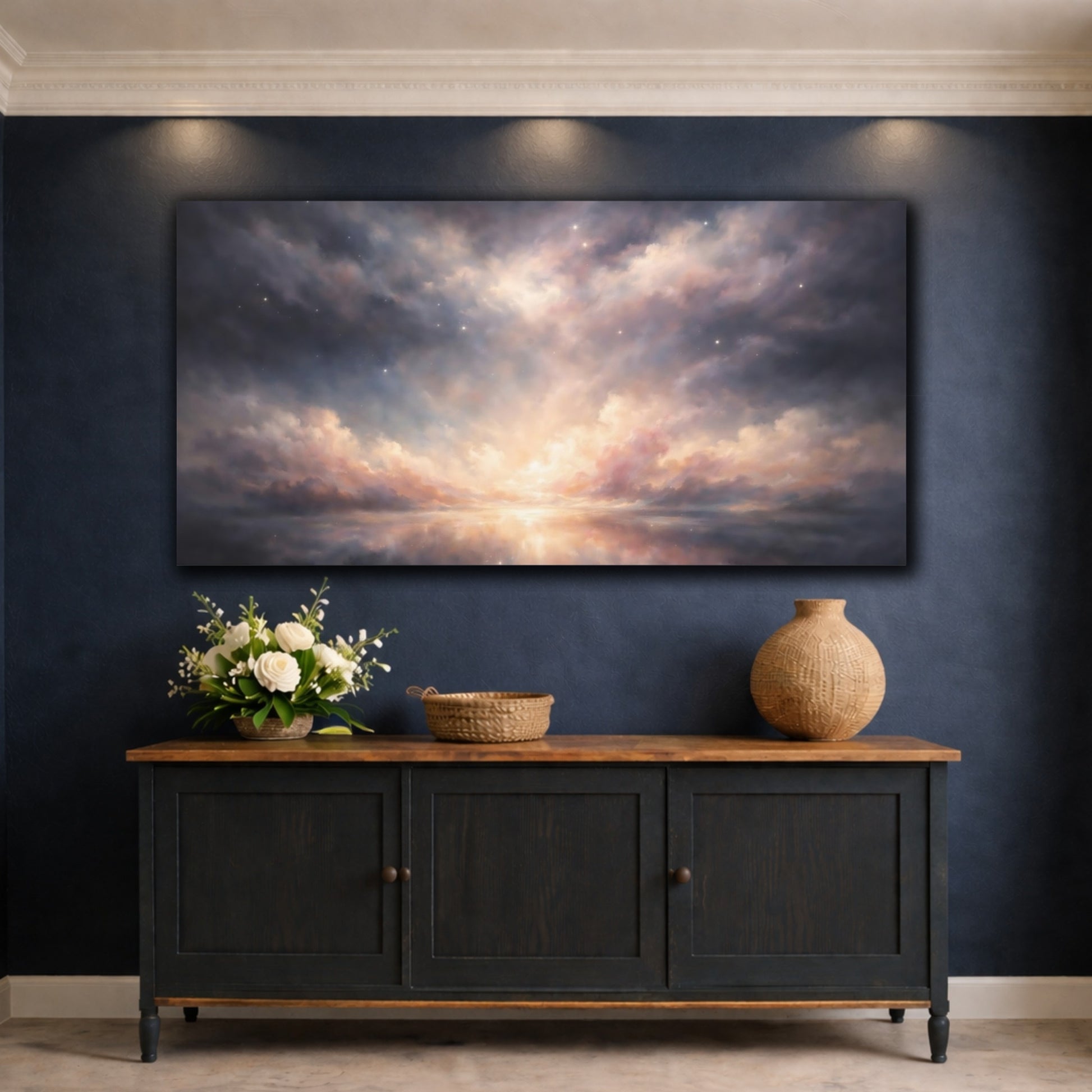 Mockup 4. Nature Cloudscape Twilight Sky Reflection shown as stretched canvas wall art